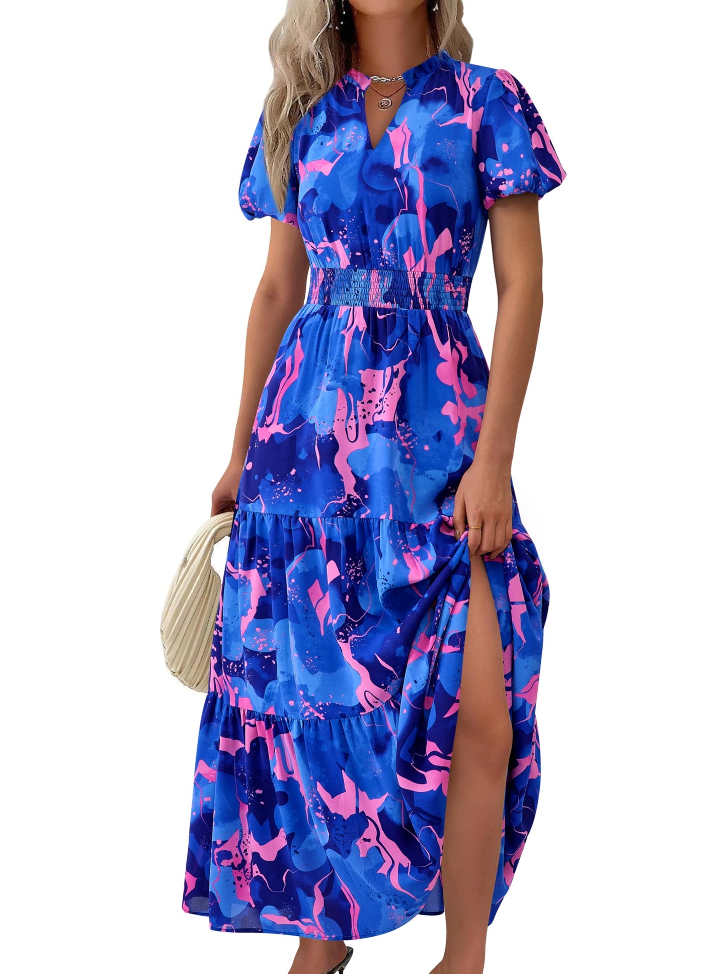 MASCOMODA Summer Maxi Dresses for Women 2026 Short Sleeve Long Floral Dress | Puff Sleeve, Casual V Neck, Smocked Waist, Tiered Ruffle Hem, A line Boho Dresses, Elegant Beach Flowy Long Dress Spring