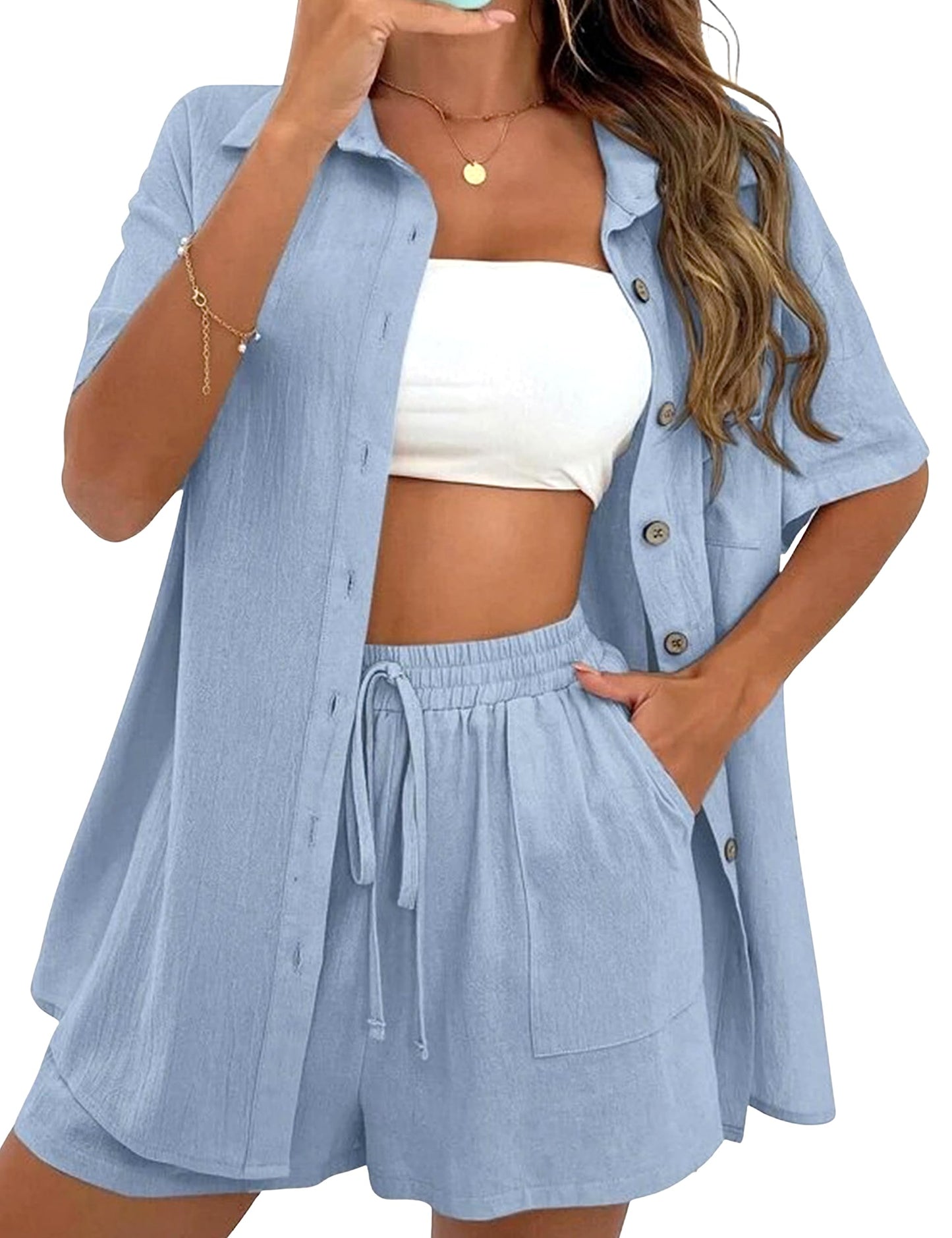 APAFES Women Summer Cotton Linen Short Sets 2 Piece Shorts Top Lounge Beach Vacation Two Piece Outfits Tracksuits