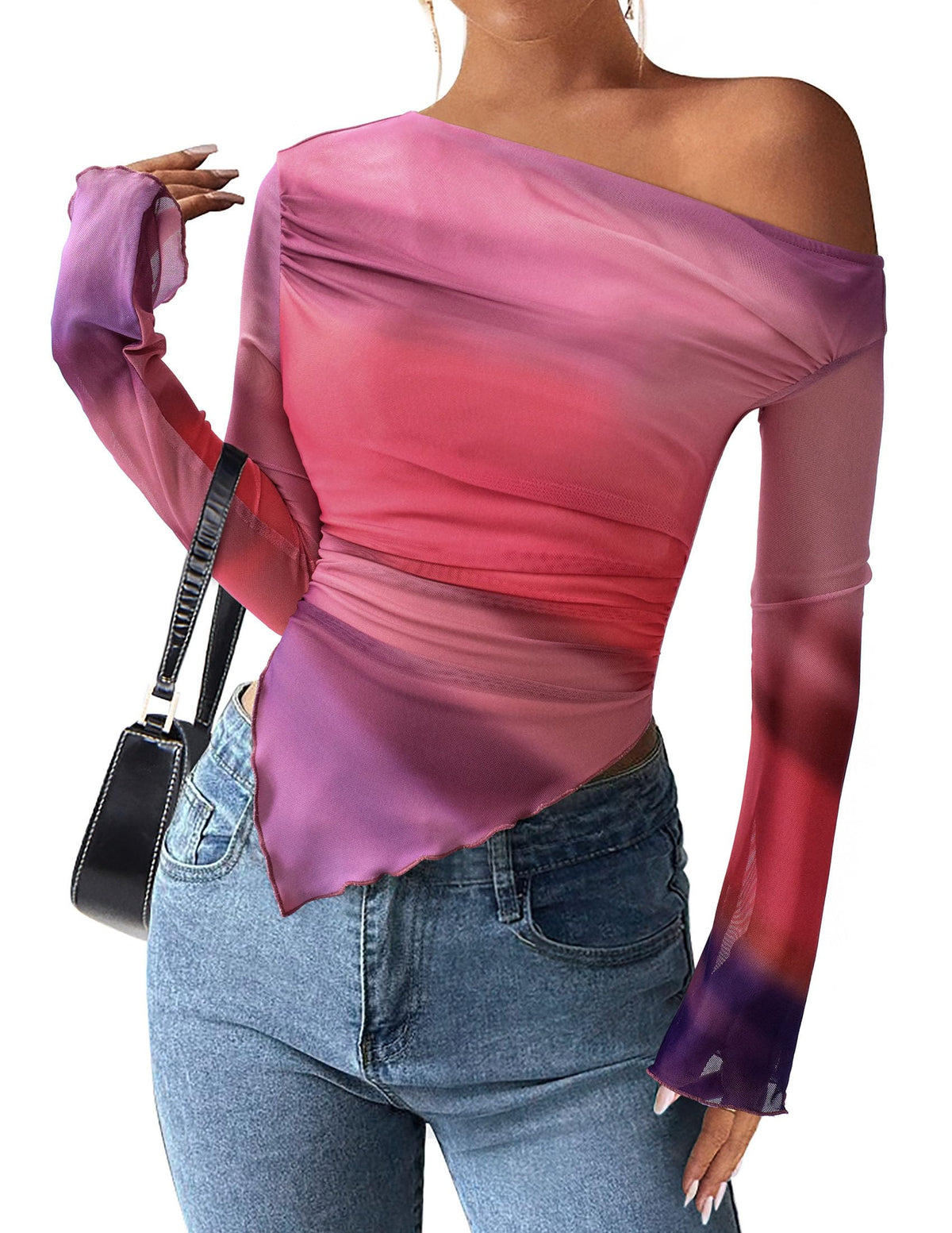 PRETTYGARDEN Womens Off Shoulder Mesh Y2k Tops | Stretchy Fitted Long Sleeve Shirts,Tie Dye Floral Blouse,Double Lined Ruched,Asymmetrical Hem,Going Out Daily Fall Clothes
