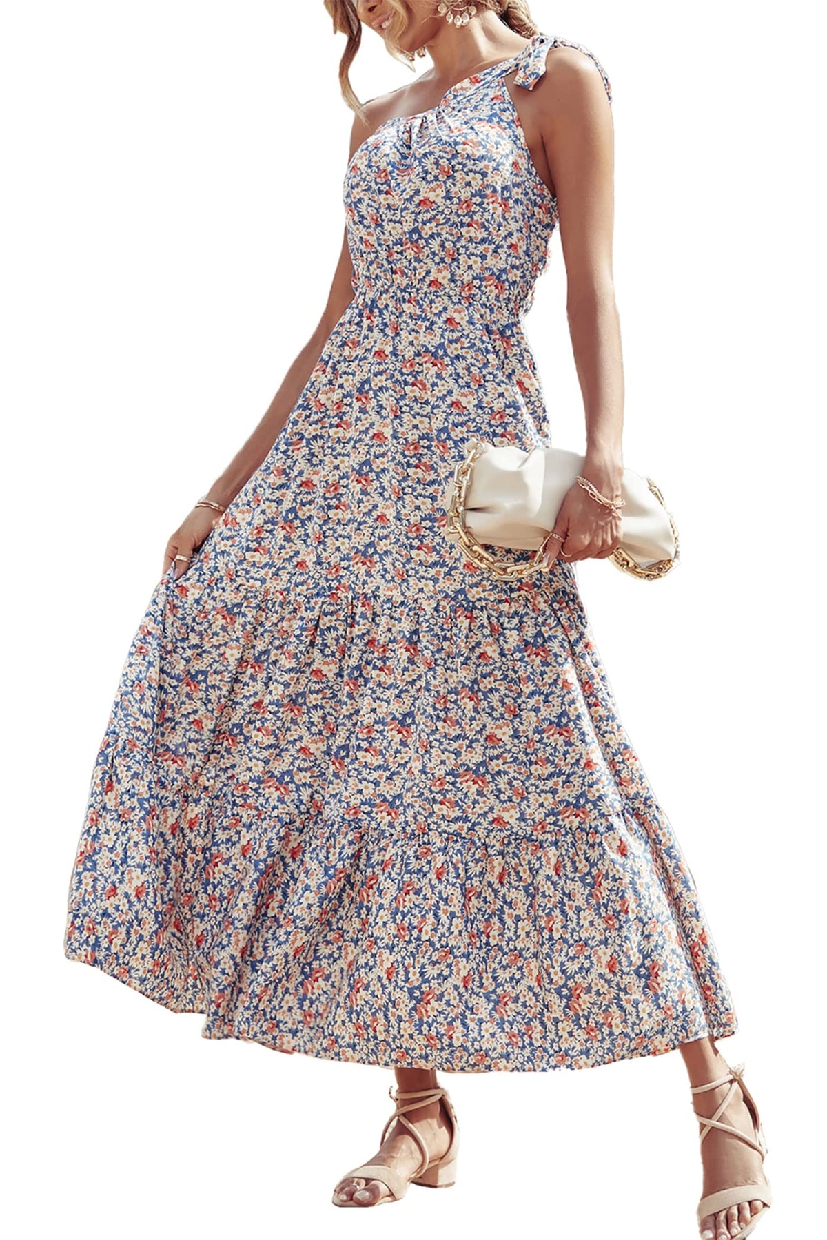 PRETTYGARDEN Women's One Shoulder Boho Floral Maxi Dress | Sleeveless Tiered A Line, Long Flowy Sundress, Tie Knot Summer Vacation Dresses, Spring Wedding Guest Outfits for Beach Party