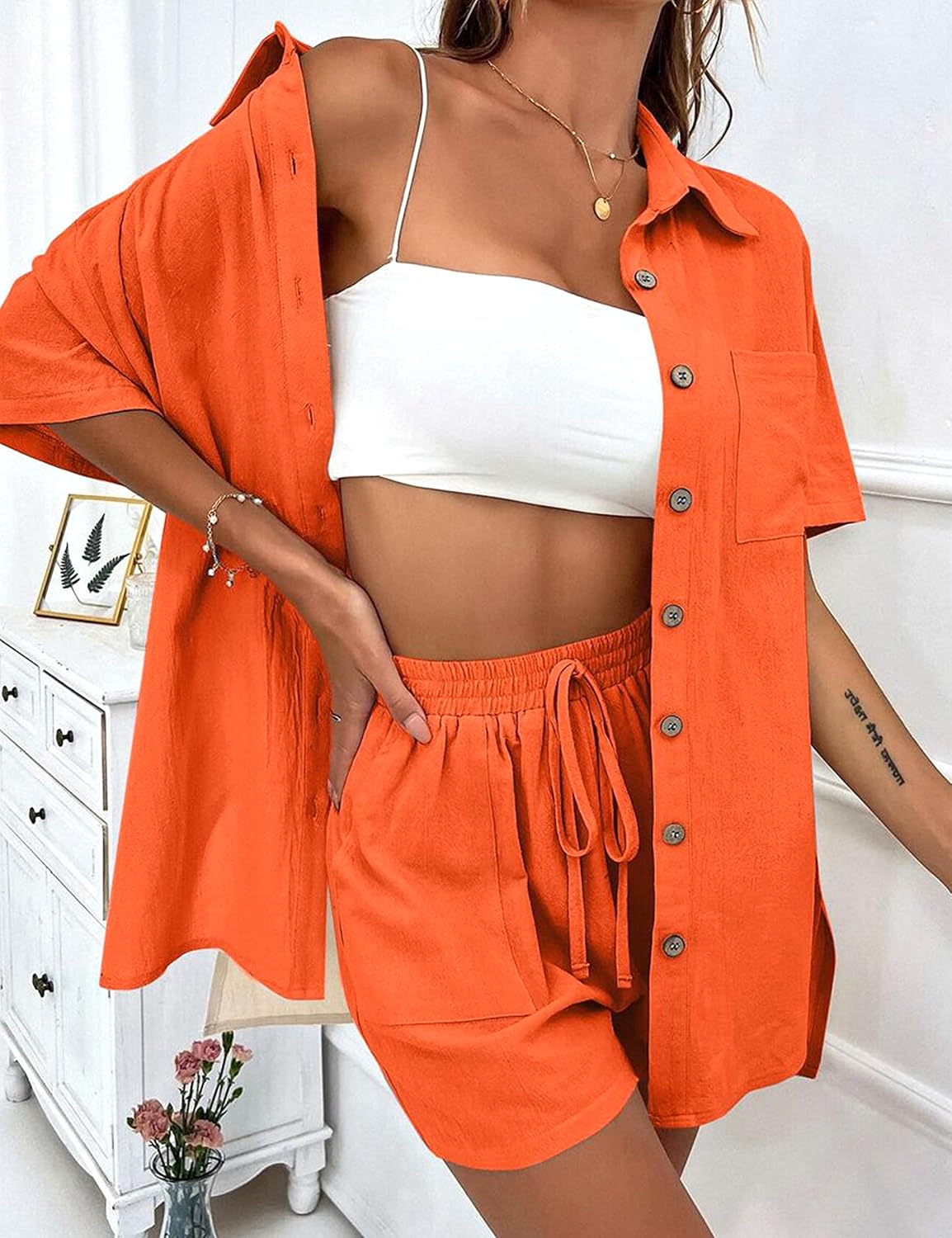 APAFES Women Summer Cotton Linen Short Sets 2 Piece Shorts Top Lounge Beach Vacation Two Piece Outfits Tracksuits