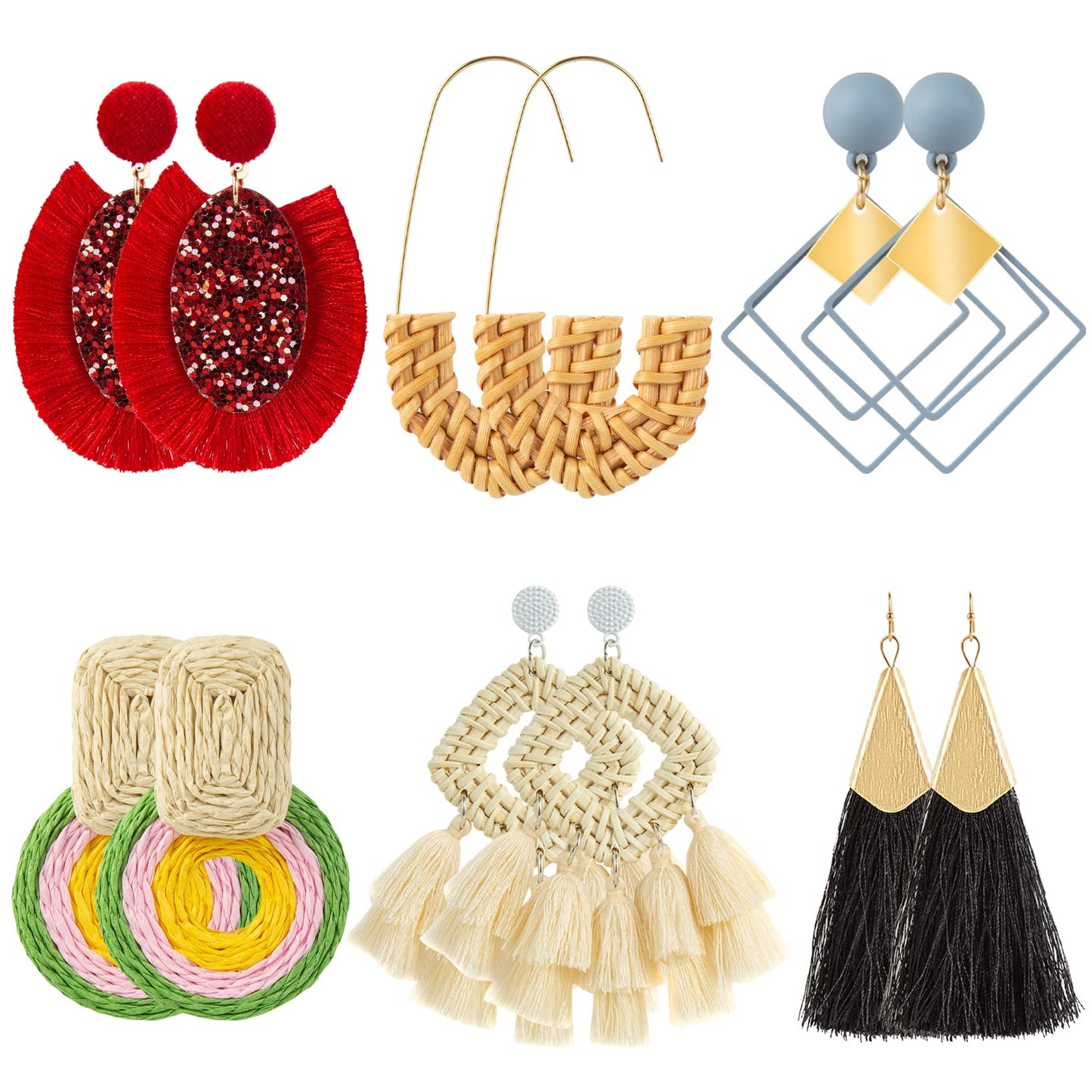 Ponpon 6-18 Pairs Earrings for Women, Lightweight Summer Earrings Straw Earrings Fashion Geometric Statement Hoop Dangle Drop Earrings for Women