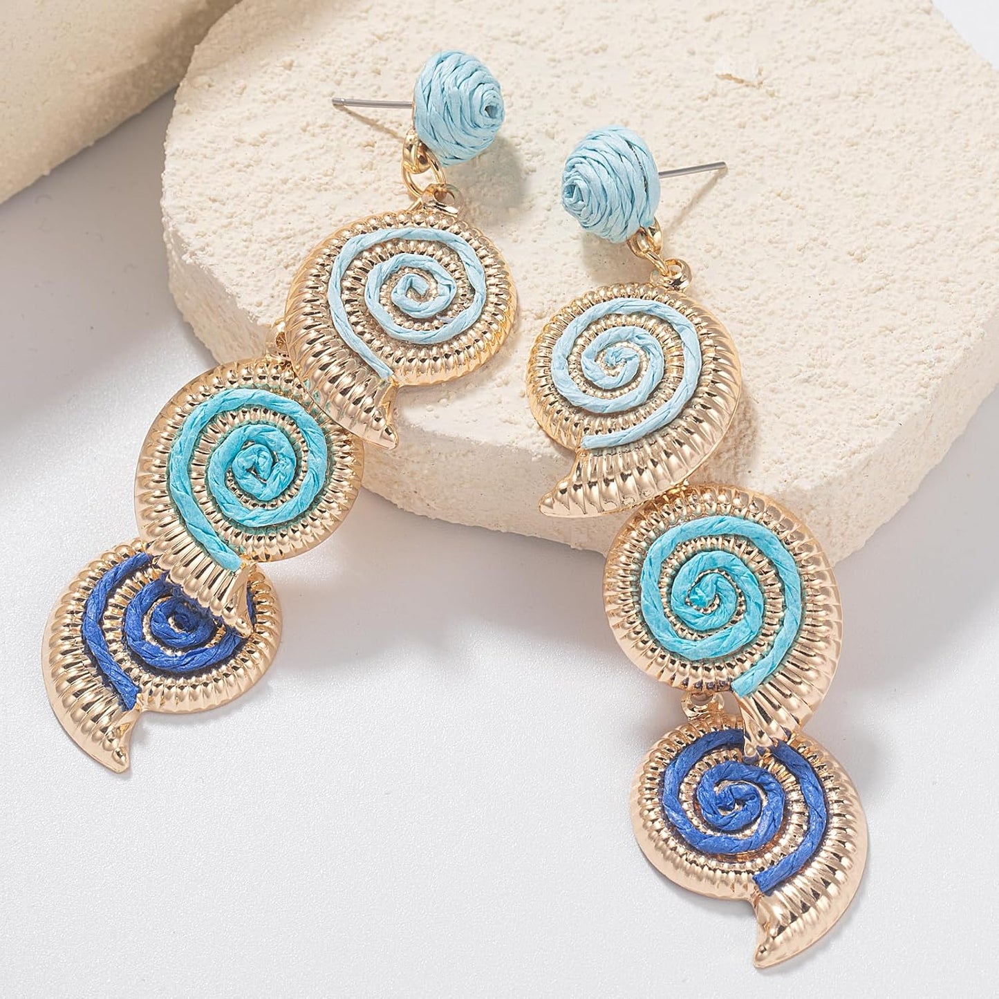 Raffia Starfish Seashell Dangle Drop Earrings Boho Summer Beach Jewelry | Fun Colorful Chunky Statement Long Big Shell Accessories Beachy Tropical Vacation Outfits for Women Trendy