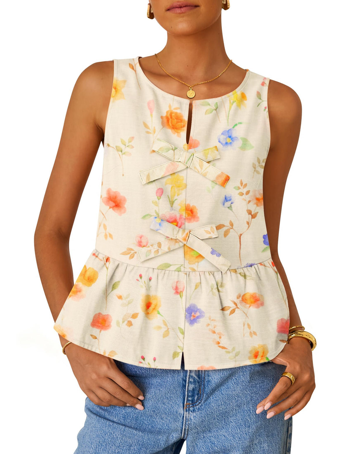 ZESICA Women's Summer Sleeveless Gingham Tank Tops 2026 Crewneck Tie Front Top Loose Ruffle Peplum Babydoll Blouses