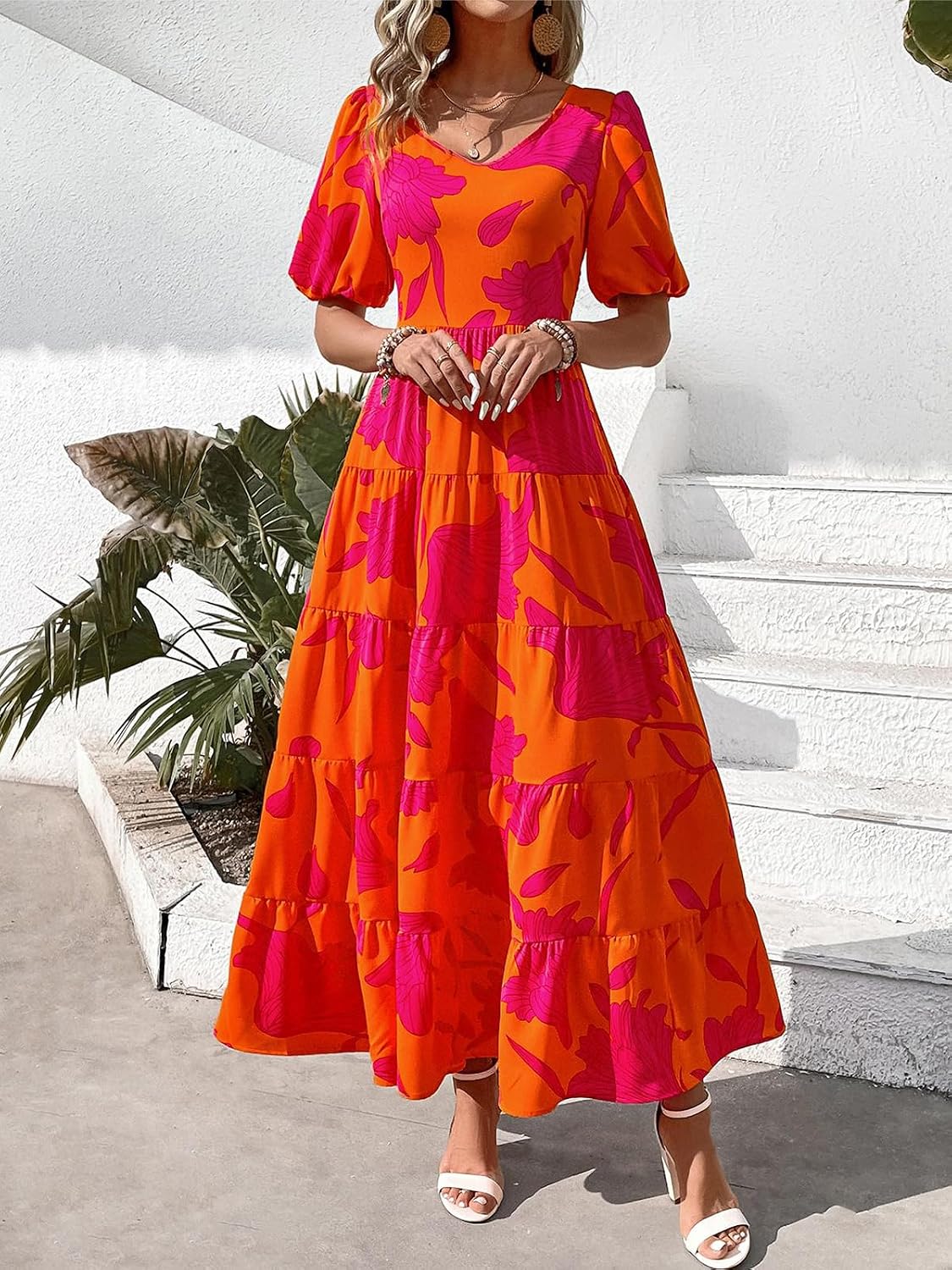 PRETTYGARDEN Puff Short Sleeve Cewneck Floral Long Fall Dresses for Women 2025 Flowy Tiered Hem Maxi Wedding Guest Dress