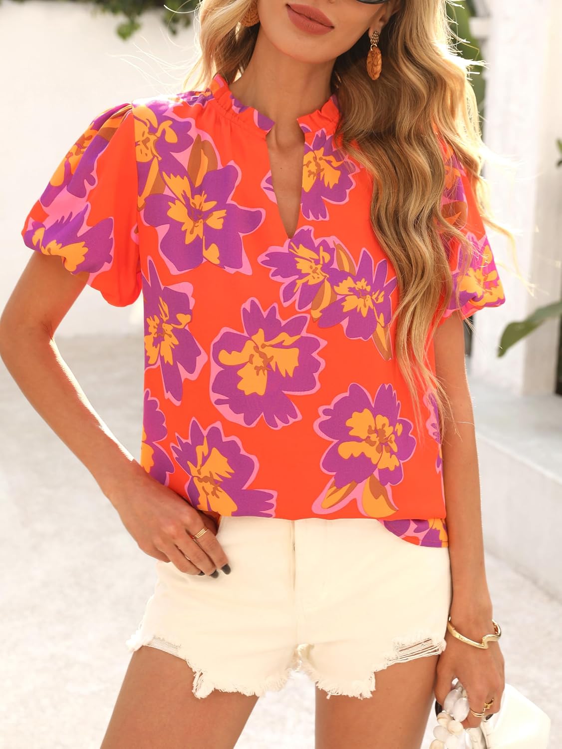 MASCOMODA Boho Short Sleeve Floral Work Blouses for Women Dressy Casual | Puff Sleeve Floral Tops Trendy, Ruffle V Neck, Loose Fit & Lined, Bohemian Top, Chiffon Blouses, Flowy Spring Work Shirts