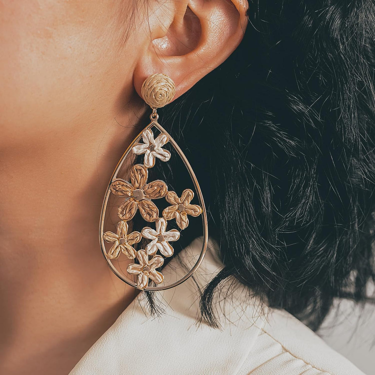 Boho Raffia Flower Teardrop Earrings Cute Colorful Dangle Trendy Jewelry | Floral Drop Statement Big Dangling Earring Hypoallergenic Gold Fun Unique Summer Spring Beach Vacation Outfits for Women