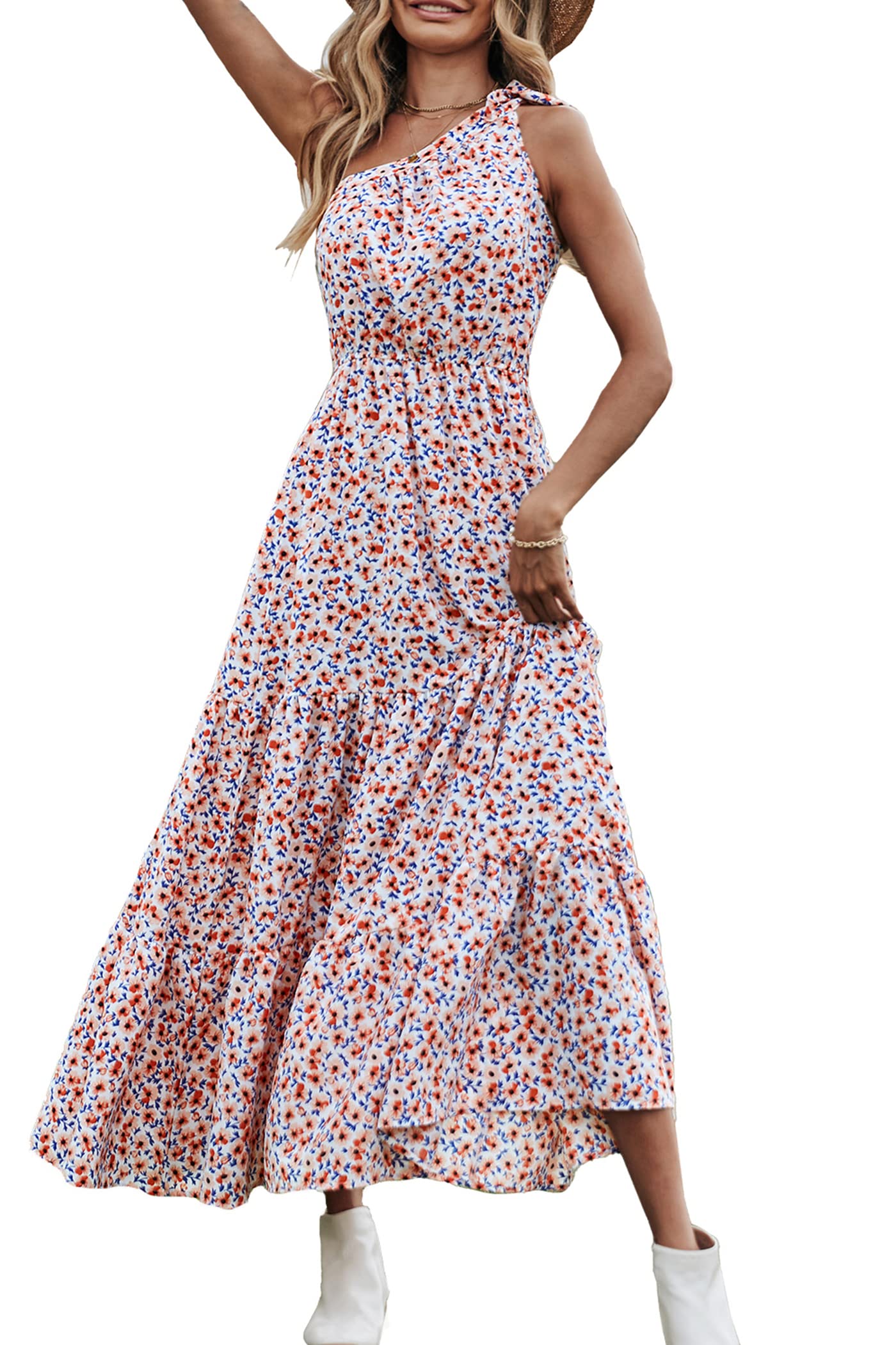 PRETTYGARDEN Women's One Shoulder Boho Floral Maxi Dress | Sleeveless Tiered A Line, Long Flowy Sundress, Tie Knot Summer Vacation Dresses, Spring Wedding Guest Outfits for Beach Party