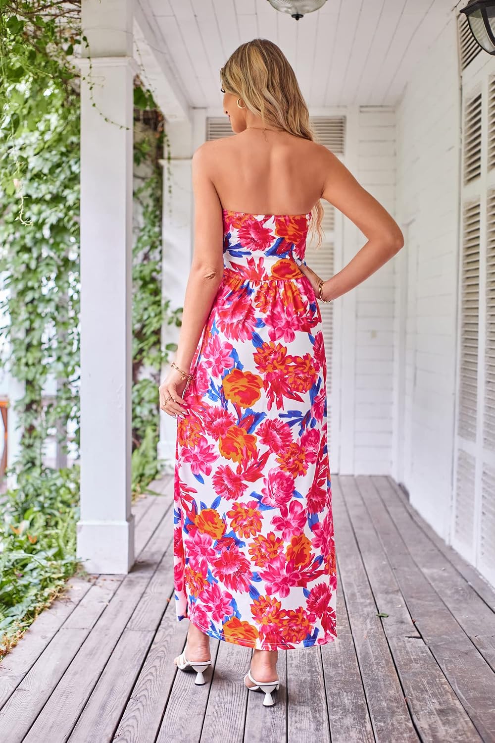GRACE KARIN Women Strapless Dress Casual Loose Ruched Long Maxi Dress with Pockets