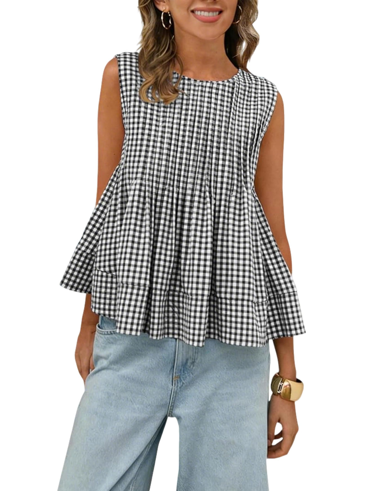 Megfie Womens Summer Pleated Peplum Sleeveless Blouse Tank Tops Round Neck Y2K Babydoll Blouse Shirt