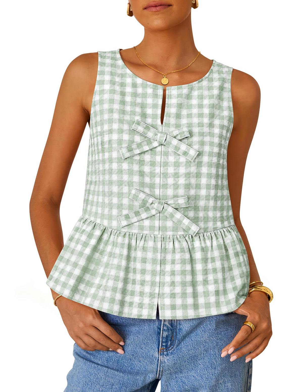 ZESICA Women's Summer Sleeveless Gingham Tank Tops 2026 Crewneck Tie Front Top Loose Ruffle Peplum Babydoll Blouses