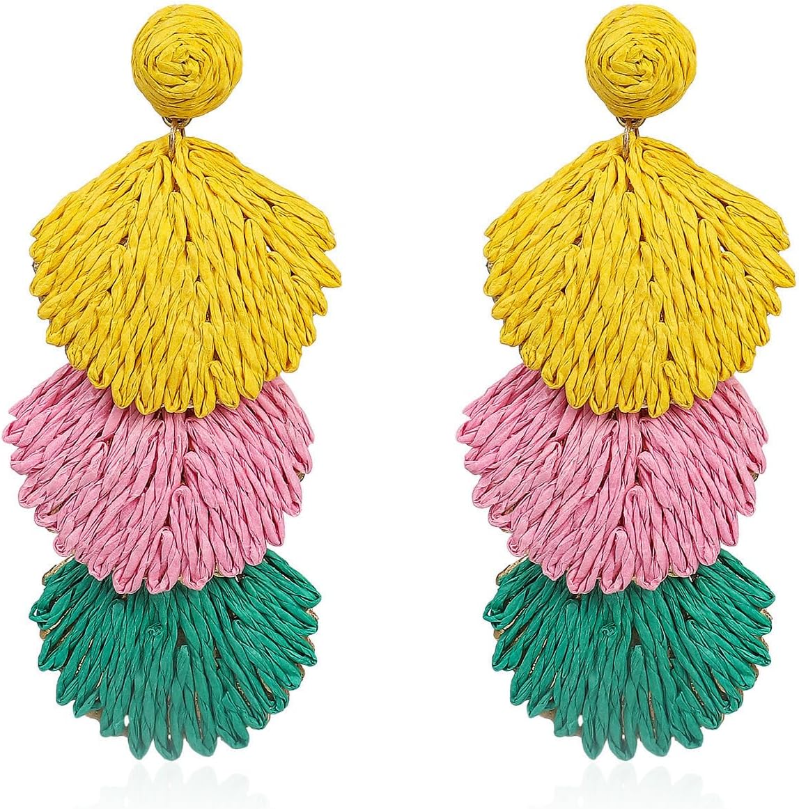 Raffia Rattan Shell Shaped Dangle Drop Earrings for Women Handmade Bohemian Boho Statement Earrings Straw Wrapped Summer Tropical Beach Vacation Jewelry