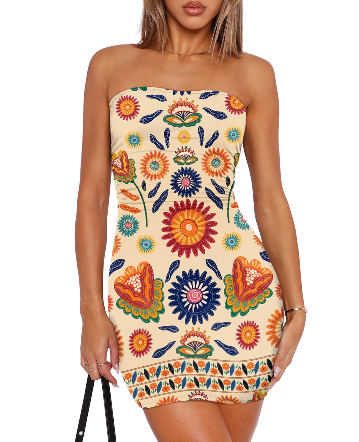OFEEFAN Summer Dresses for Women 2025 Strapless Ruched Party Club Bodycon Mini Dress
