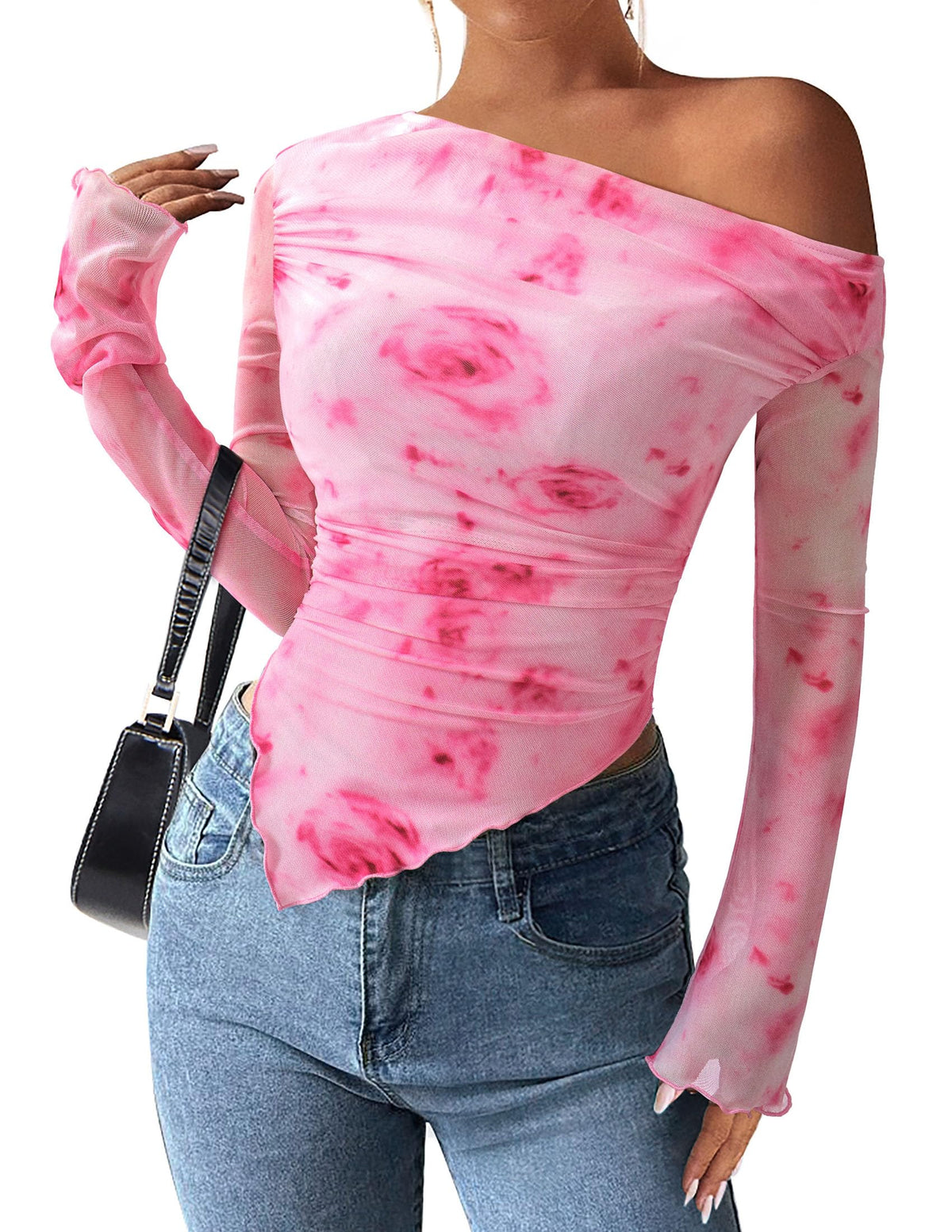 PRETTYGARDEN Womens Off Shoulder Mesh Y2k Tops | Stretchy Fitted Long Sleeve Shirts,Tie Dye Floral Blouse,Double Lined Ruched,Asymmetrical Hem,Going Out Daily Fall Clothes