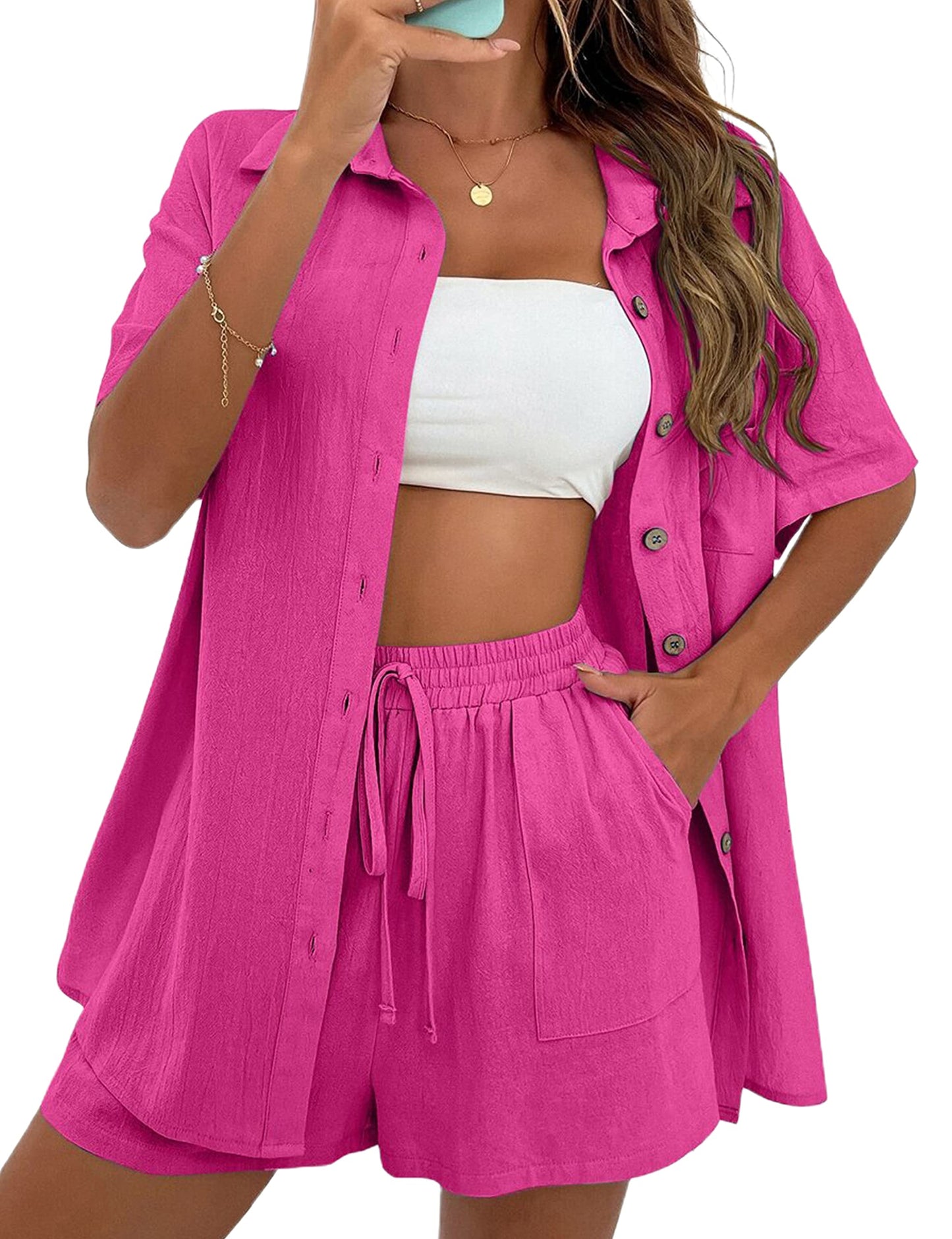 APAFES Women Summer Cotton Linen Short Sets 2 Piece Shorts Top Lounge Beach Vacation Two Piece Outfits Tracksuits
