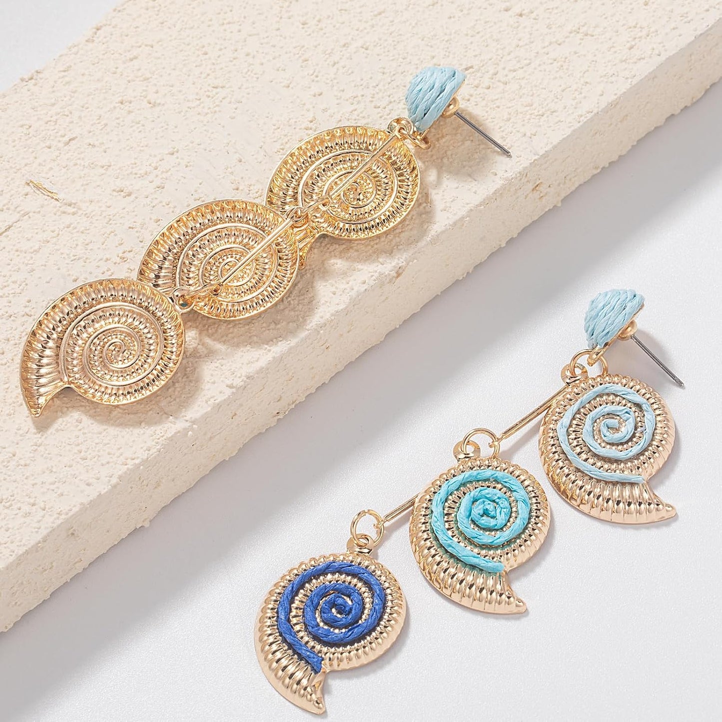 Raffia Starfish Seashell Dangle Drop Earrings Boho Summer Beach Jewelry | Fun Colorful Chunky Statement Long Big Shell Accessories Beachy Tropical Vacation Outfits for Women Trendy