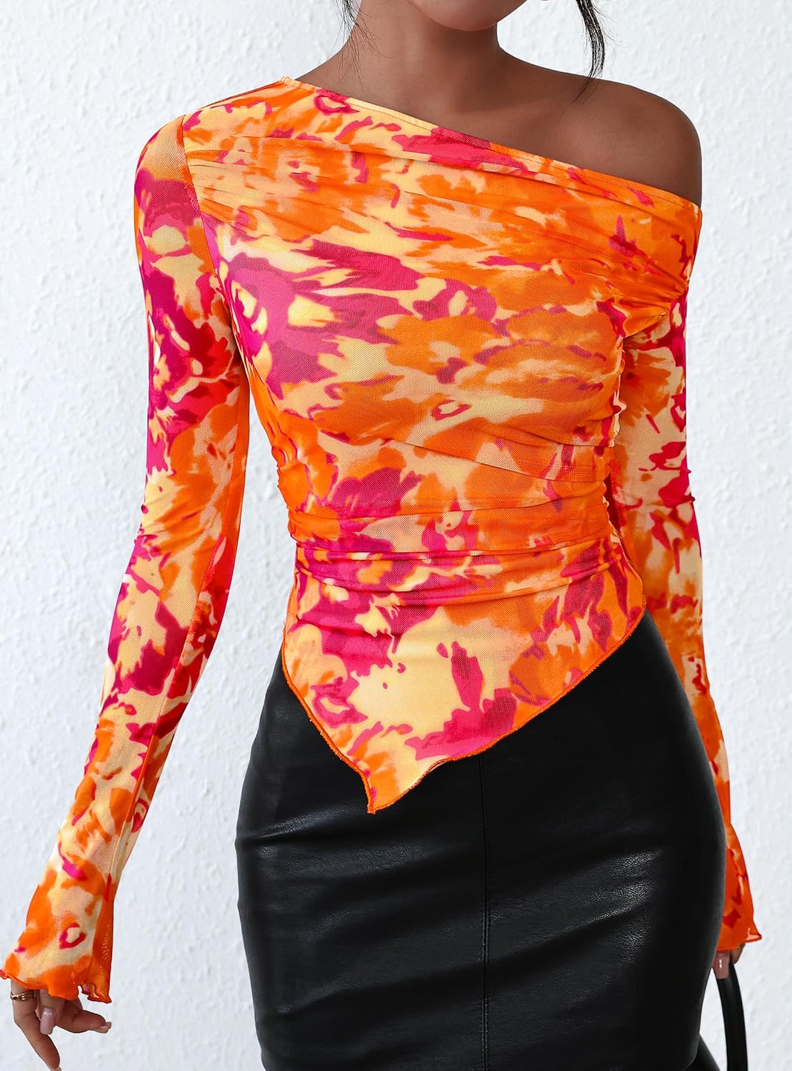 PRETTYGARDEN Womens Off Shoulder Mesh Y2k Tops | Stretchy Fitted Long Sleeve Shirts,Tie Dye Floral Blouse,Double Lined Ruched,Asymmetrical Hem,Going Out Daily Fall Clothes