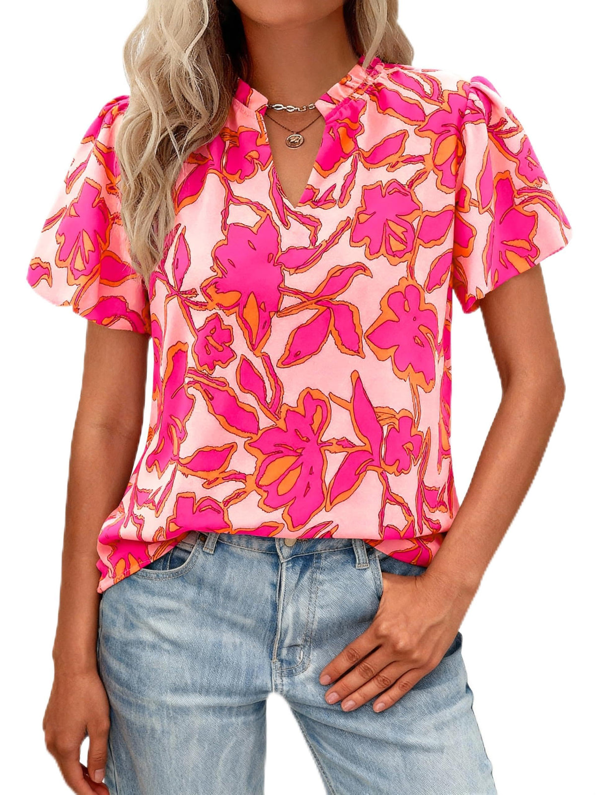 MASCOMODA Boho Short Sleeve Floral Work Blouses for Women Dressy Casual | Puff Sleeve Floral Tops Trendy, Ruffle V Neck, Loose Fit & Lined, Bohemian Top, Chiffon Blouses, Flowy Spring Work Shirts