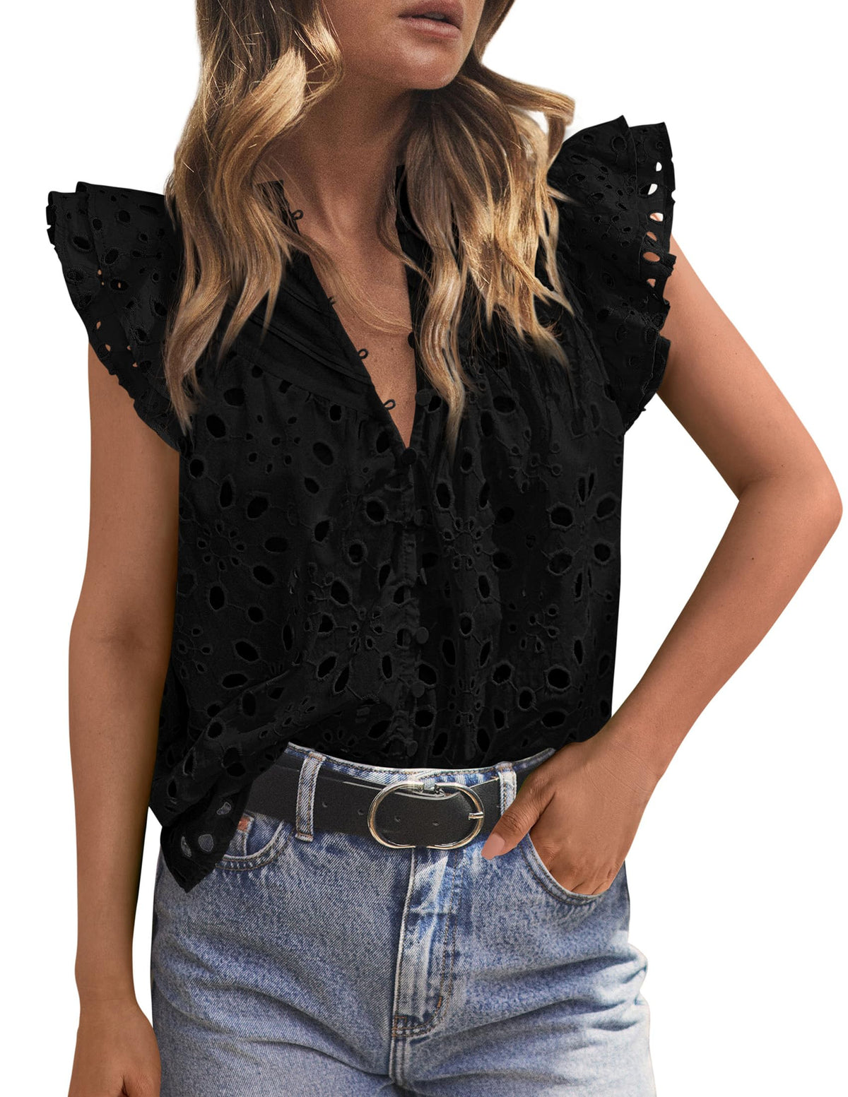 PRETTYGARDEN Women's Eyelet V Neck Summer Tops Dressy Casual | Soft Cotton with Lining,Button Boho Top,Cap Ruffle Sleeve,Hollow Out Embroidered Shirts,Resort Wear,Beach Vacation Clothes
