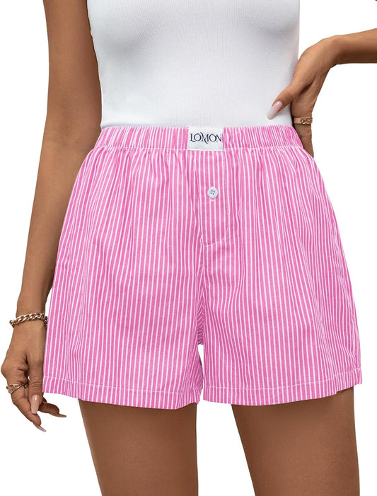 LOMON Women Boxer Shorts Casual Summer Pajama Lounge Gingham Striped Bottom | 2026 Y2K Pj Sleep Beach Vacation Clothing