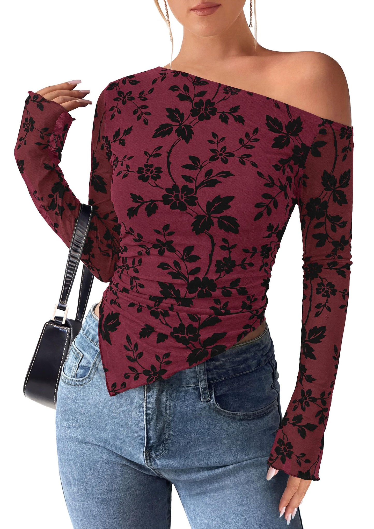 PRETTYGARDEN Womens Off Shoulder Mesh Y2k Tops | Stretchy Fitted Long Sleeve Shirts,Tie Dye Floral Blouse,Double Lined Ruched,Asymmetrical Hem,Going Out Daily Fall Clothes
