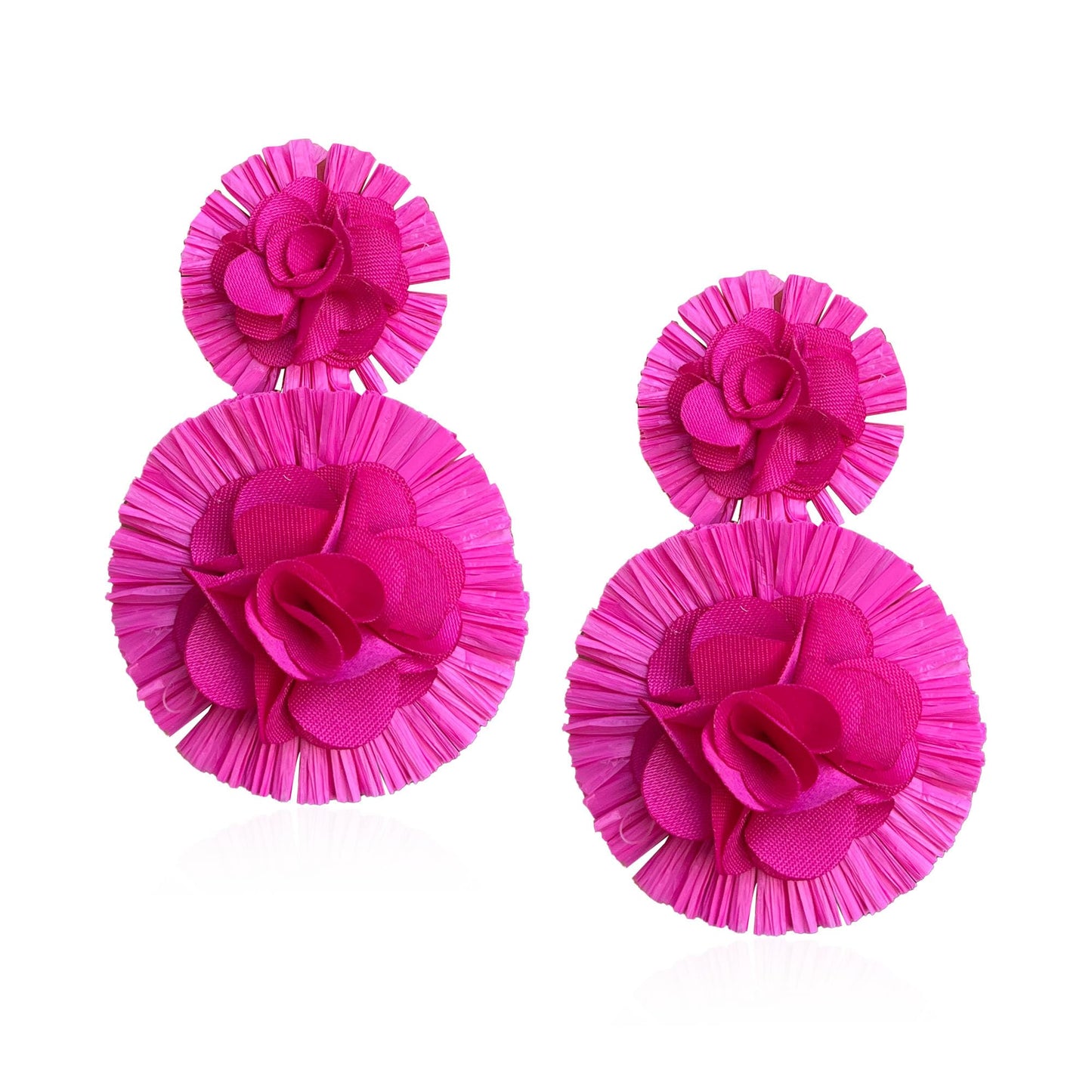 Raffia Flower Earrings Raffia Straw Wrapped Hot Pink Flower Drop Dangle Earrings Summer Tropical Beach Jewelry