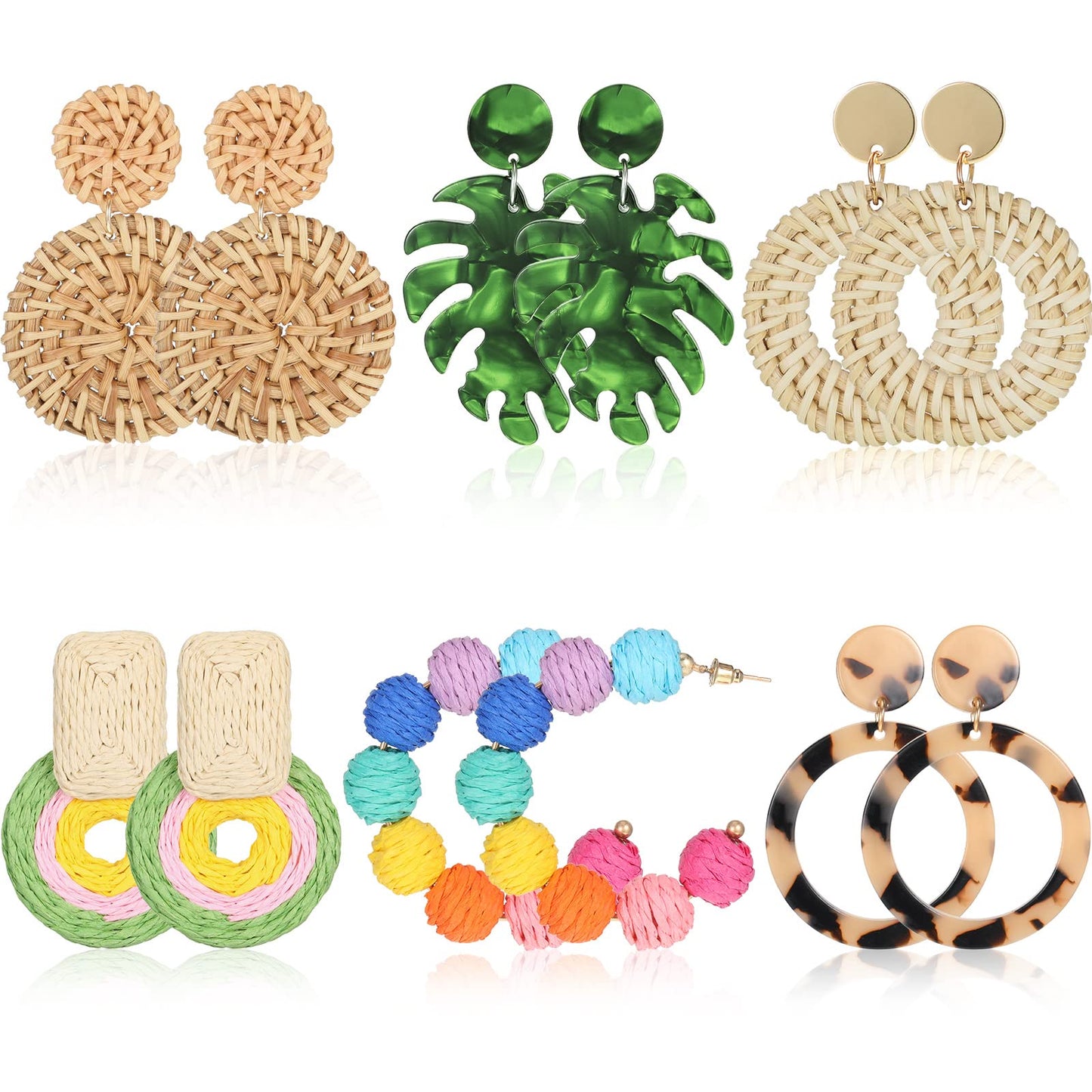 Hicarer 6 Pair Boho Rattan Earrings for Women | Straw Tassel Geometric, Summer Party Jewelry, Light Dangle Style, Beach Outfits, Vacation Looks, Boho Accessories