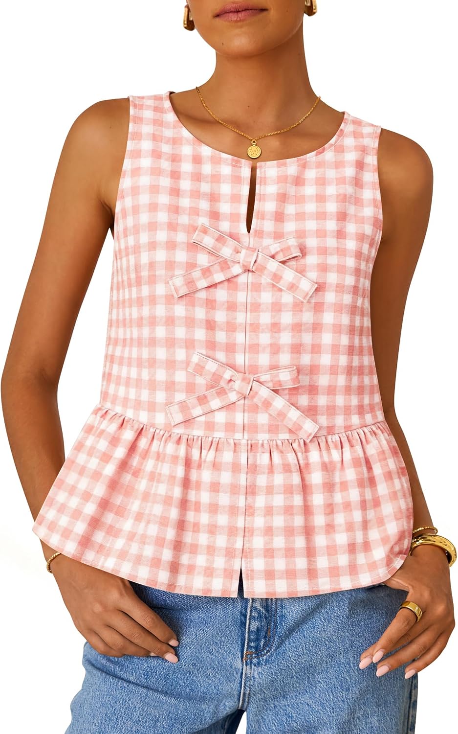 ZESICA Women's Summer Sleeveless Gingham Tank Tops 2026 Crewneck Tie Front Top Loose Ruffle Peplum Babydoll Blouses