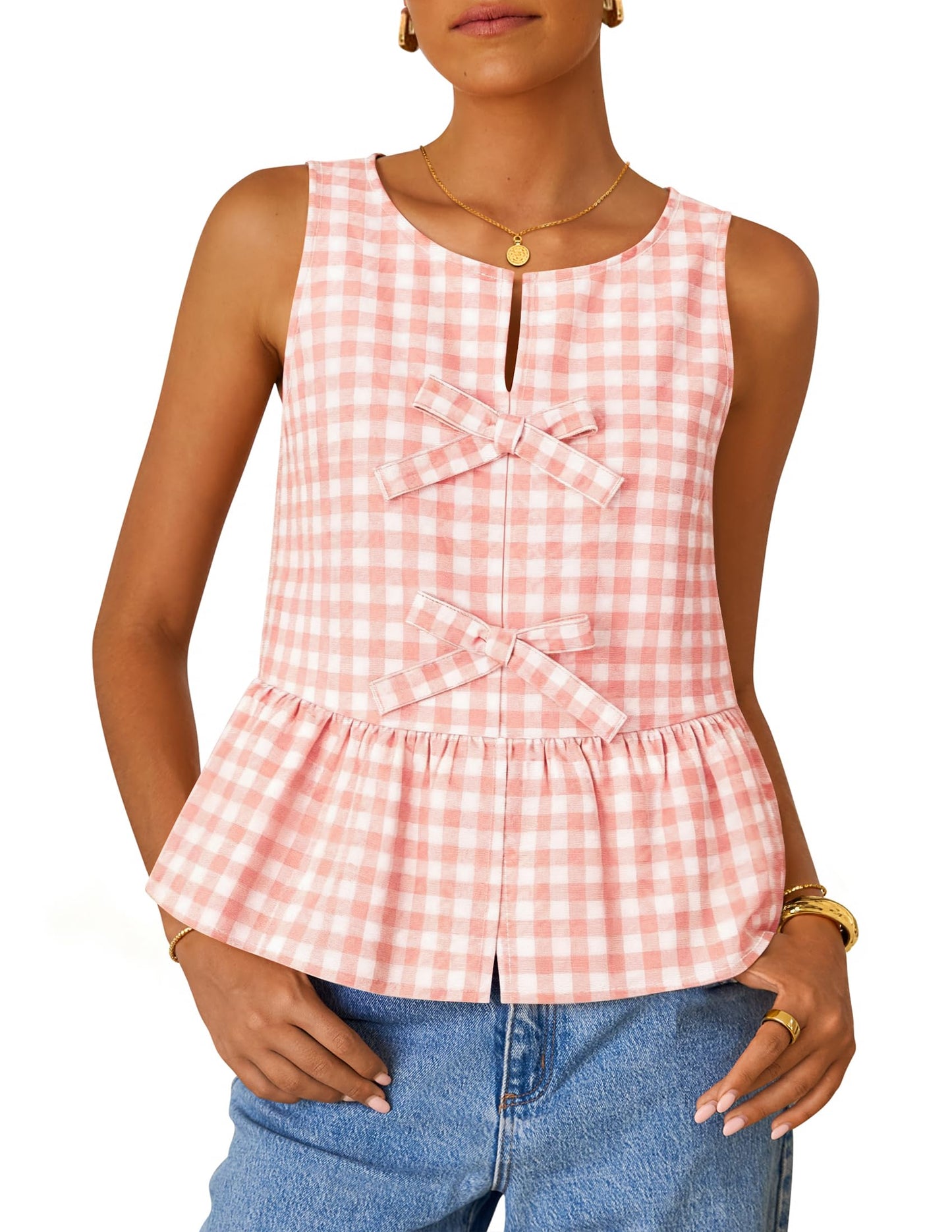 ZESICA Women's Summer Sleeveless Gingham Tank Tops 2026 Crewneck Tie Front Top Loose Ruffle Peplum Babydoll Blouses