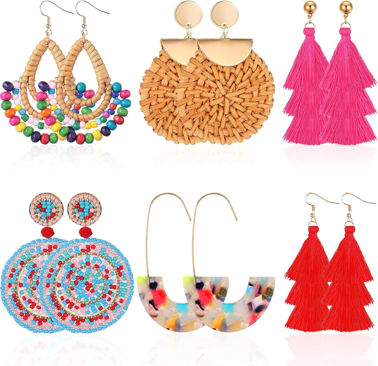 Hicarer 6 Pair Boho Rattan Earrings for Women | Straw Tassel Geometric, Summer Party Jewelry, Light Dangle Style, Beach Outfits, Vacation Looks, Boho Accessories
