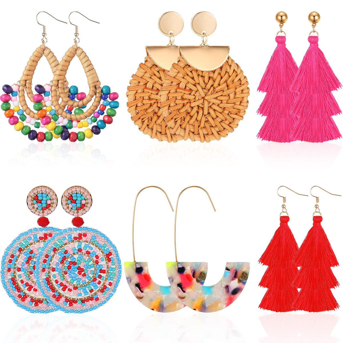 Hicarer 6 Pair Boho Rattan Earrings for Women | Straw Tassel Geometric, Summer Party Jewelry, Light Dangle Style, Beach Outfits, Vacation Looks, Boho Accessories