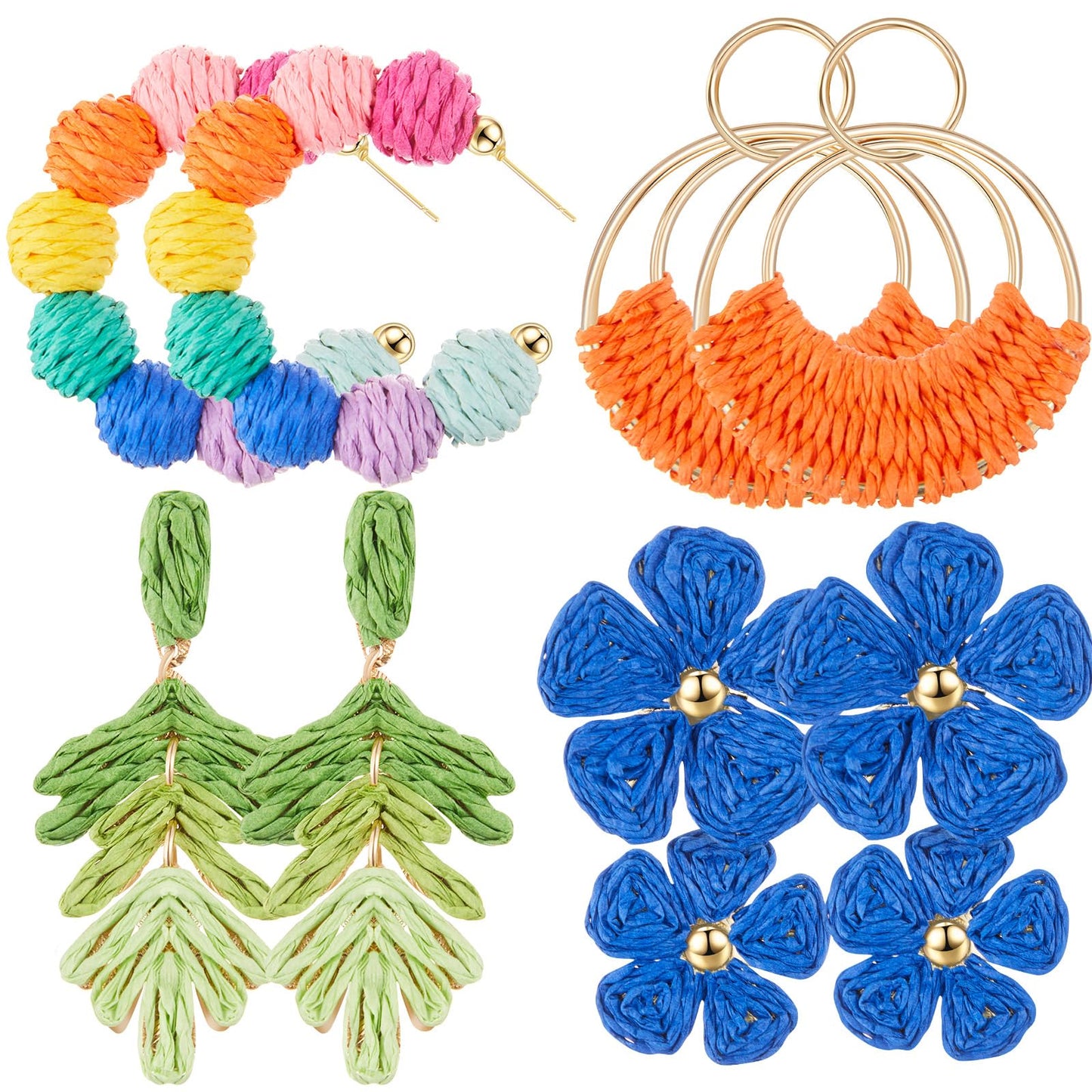 meekoo 4 Pairs Handmade Rattan Earrings for Women, Boho Straw Dangle Statement Earrings for Beach Vacation Summer Jewelry