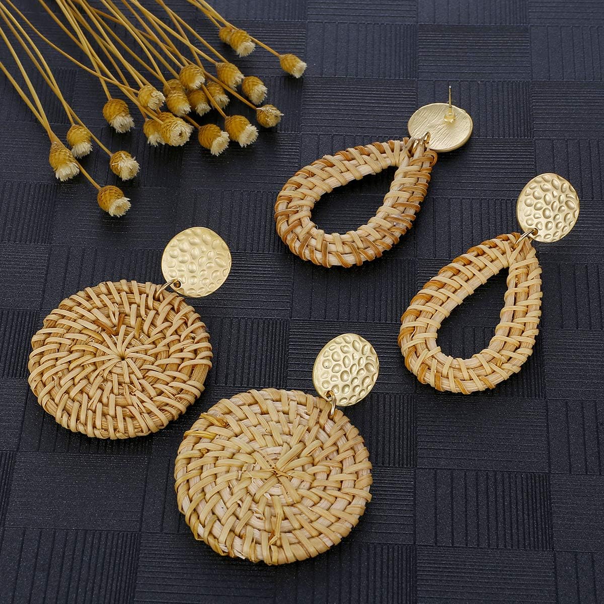 4Pairs Handmade Raffia Summer Beach Bohemian Earrings Statement Tropical Round Teardrop Rattan Dangle Earrings for Women
