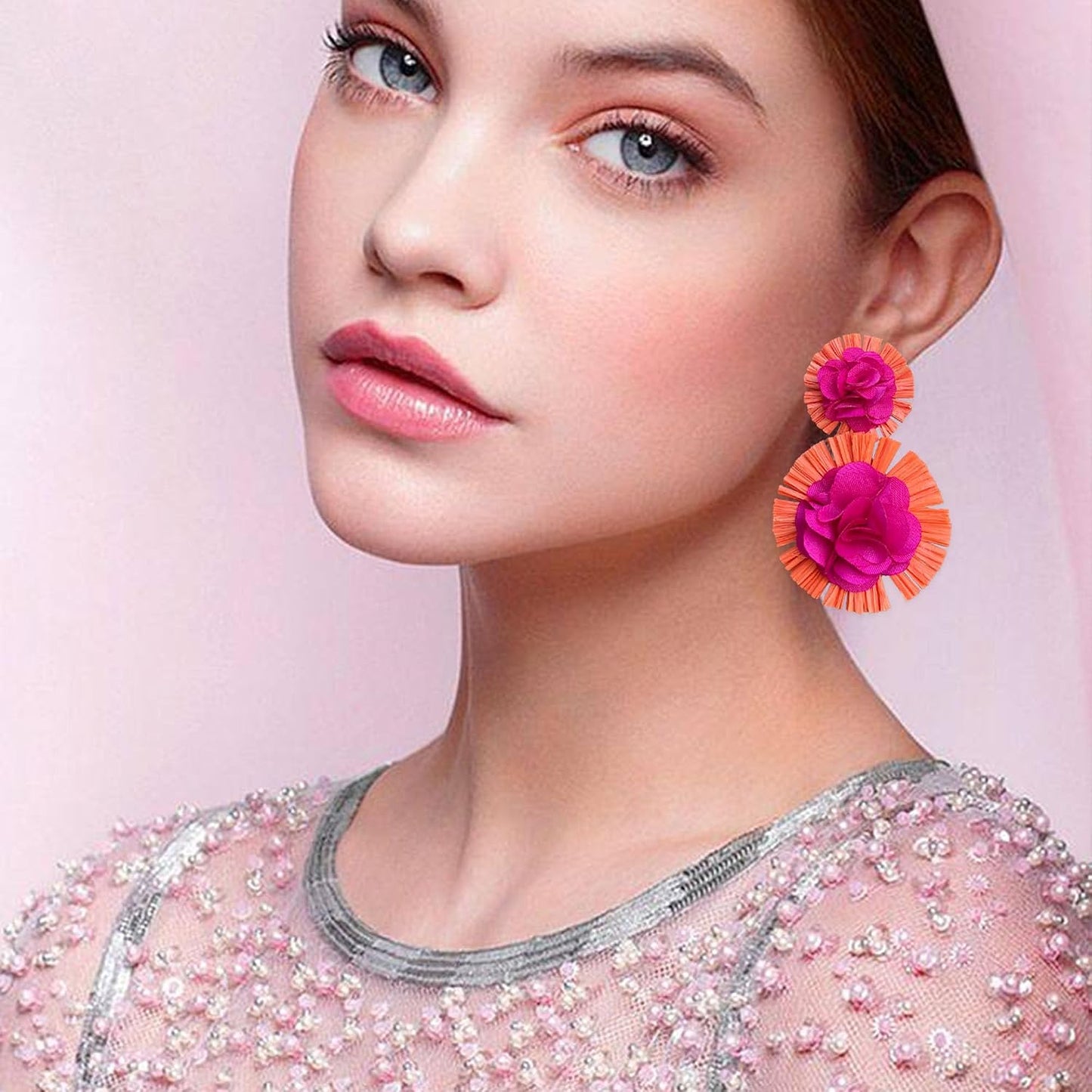 Raffia Flower Earrings Raffia Straw Wrapped Hot Pink Flower Drop Dangle Earrings Summer Tropical Beach Jewelry