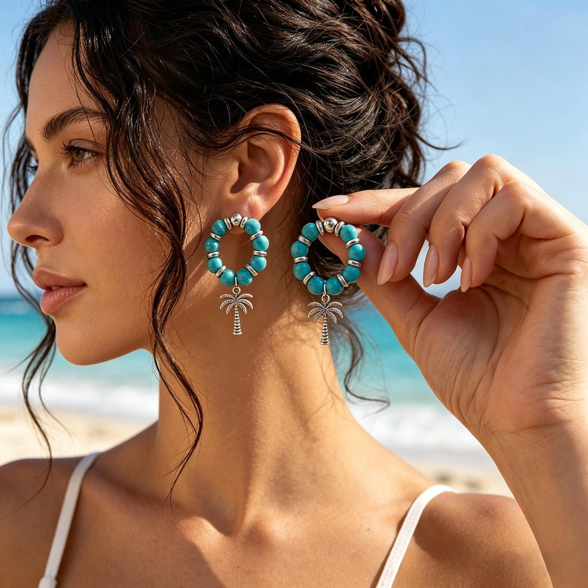 4 Pairs Boho Earrings for Women Vintage Turquoise Palm Tree Elephant Seahorse Dangle Earrings Summer Beach Tropical Vacation Jewelry Gifts