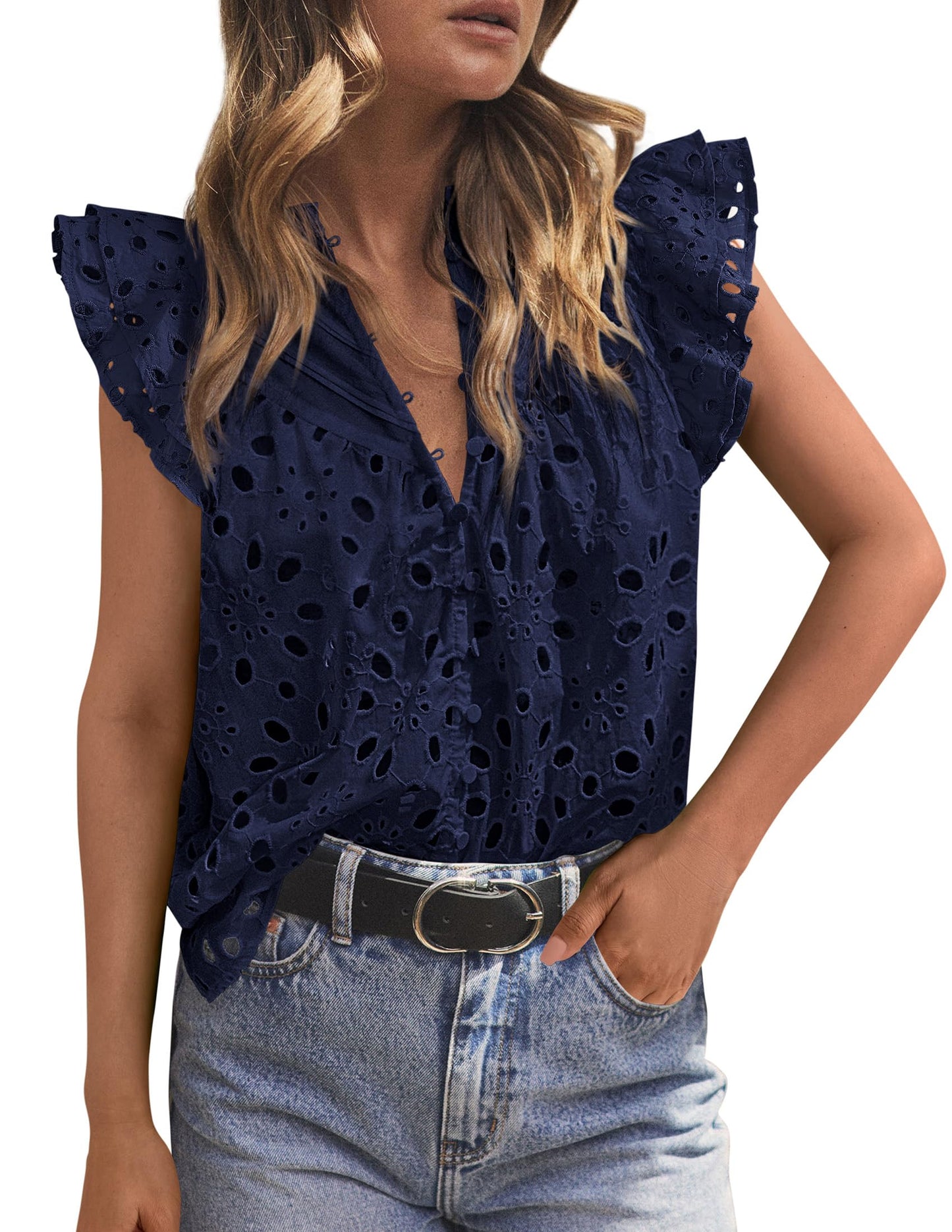 PRETTYGARDEN Women's Eyelet V Neck Summer Tops Dressy Casual | Soft Cotton with Lining,Button Boho Top,Cap Ruffle Sleeve,Hollow Out Embroidered Shirts,Resort Wear,Beach Vacation Clothes