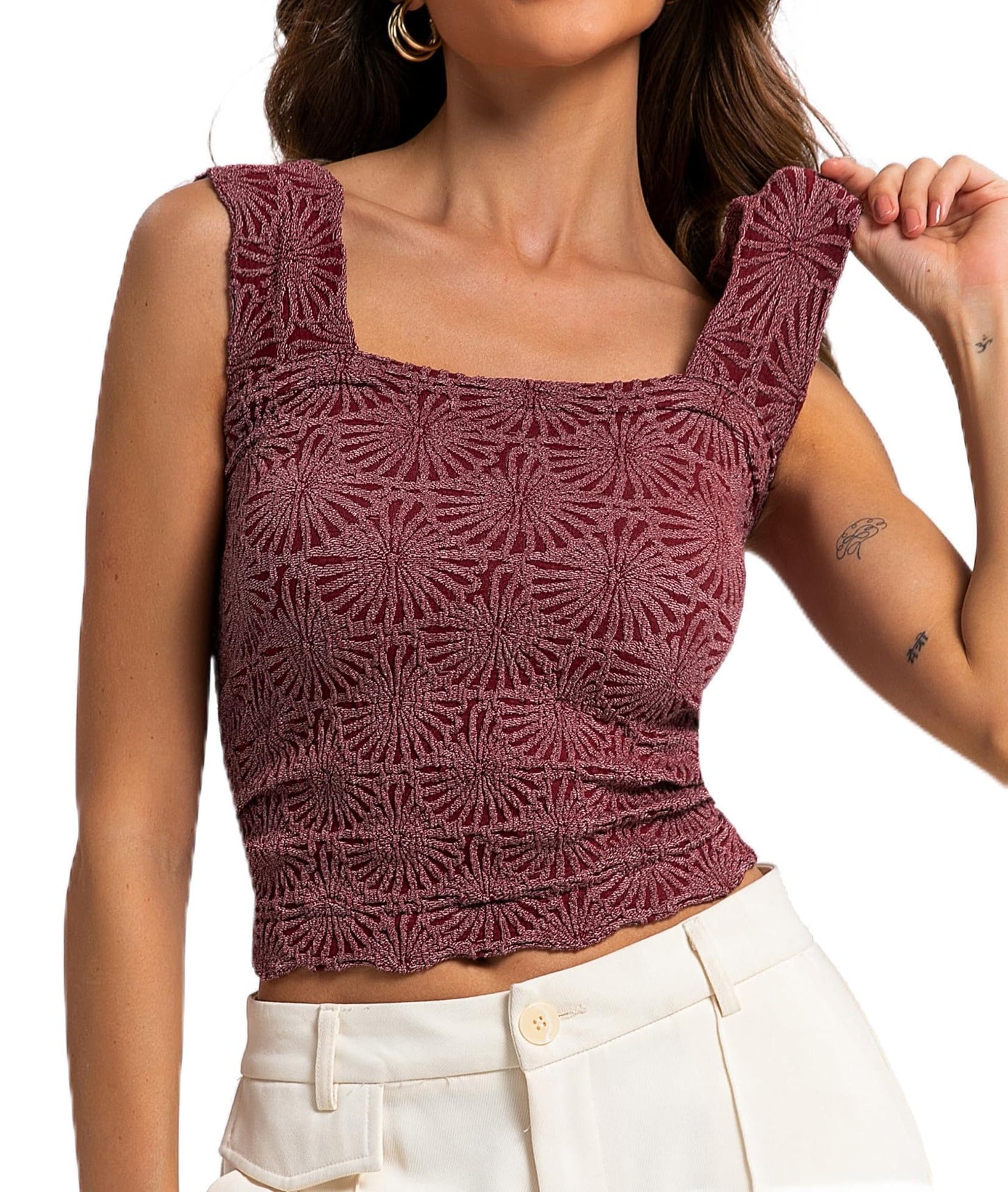 Women's Square Neck Wide Strap Crop Tank Tops Flower Going Out Tops Slim Fit Lettuce Trim Crop Cami Tops