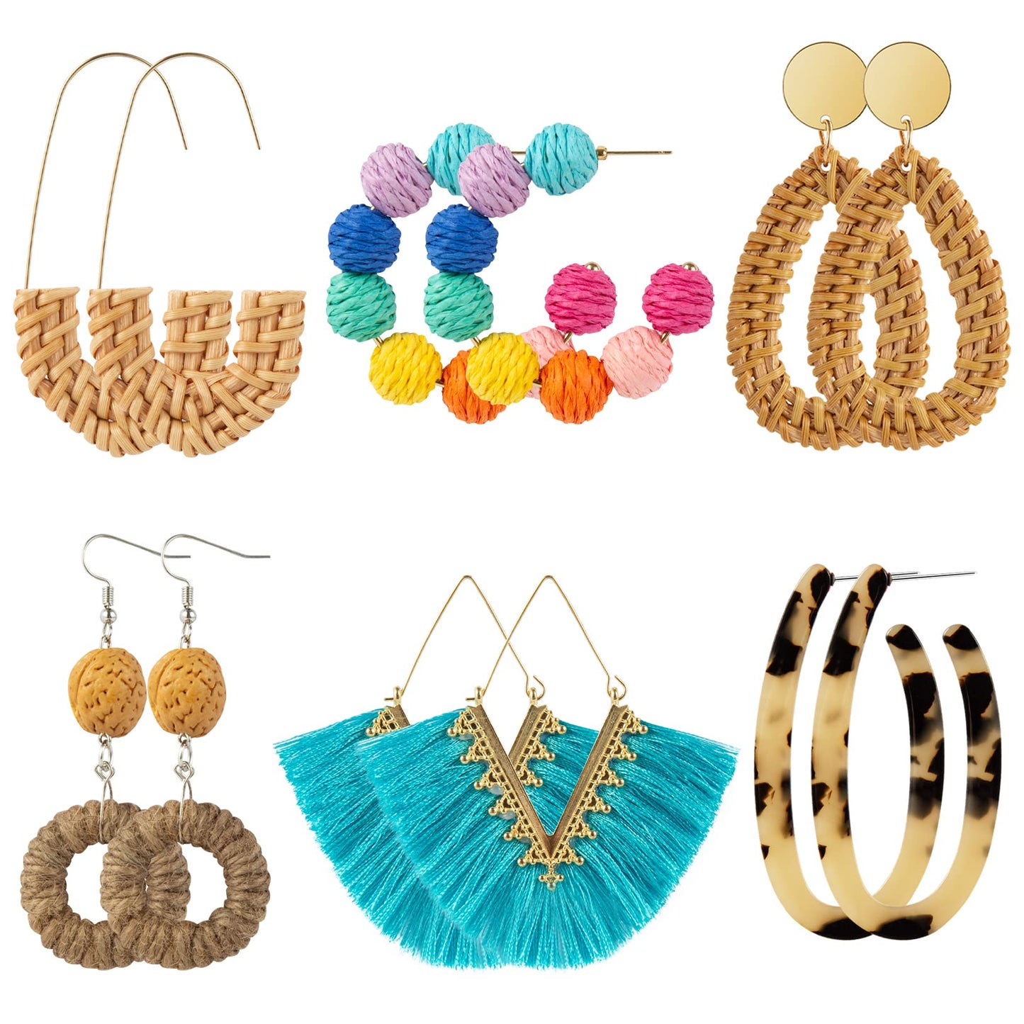 Ponpon 6-18 Pairs Earrings for Women, Lightweight Summer Earrings Straw Earrings Fashion Geometric Statement Hoop Dangle Drop Earrings for Women