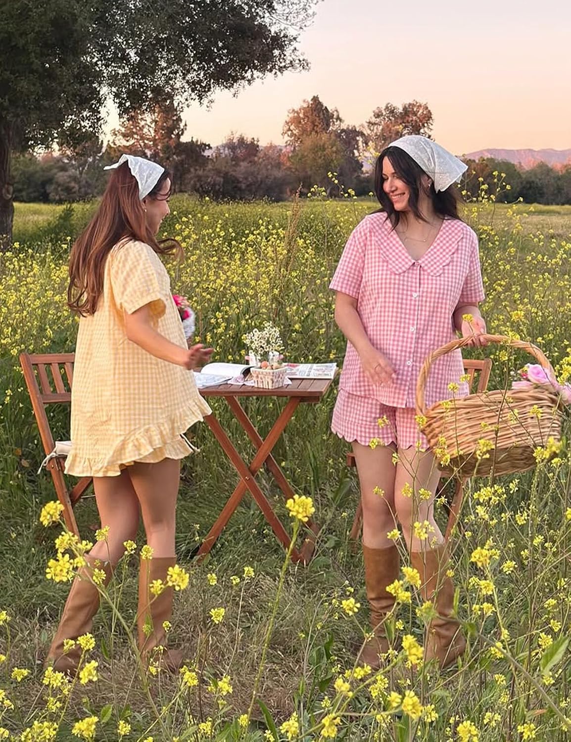 Flygo Cotton Pajamas for Women Gingham Set Lounge Sets | 100% Cotton, Plaid, Babydoll Top, Relaxed Fit, Puff Sleeve, Shorts, Pockets, Summer, Sleepwear, Vacation, Wedding, Parties