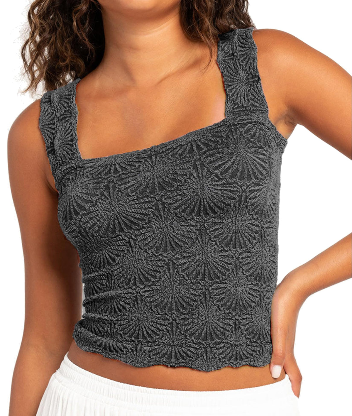 Women's Square Neck Wide Strap Crop Tank Tops Flower Going Out Tops Slim Fit Lettuce Trim Crop Cami Tops
