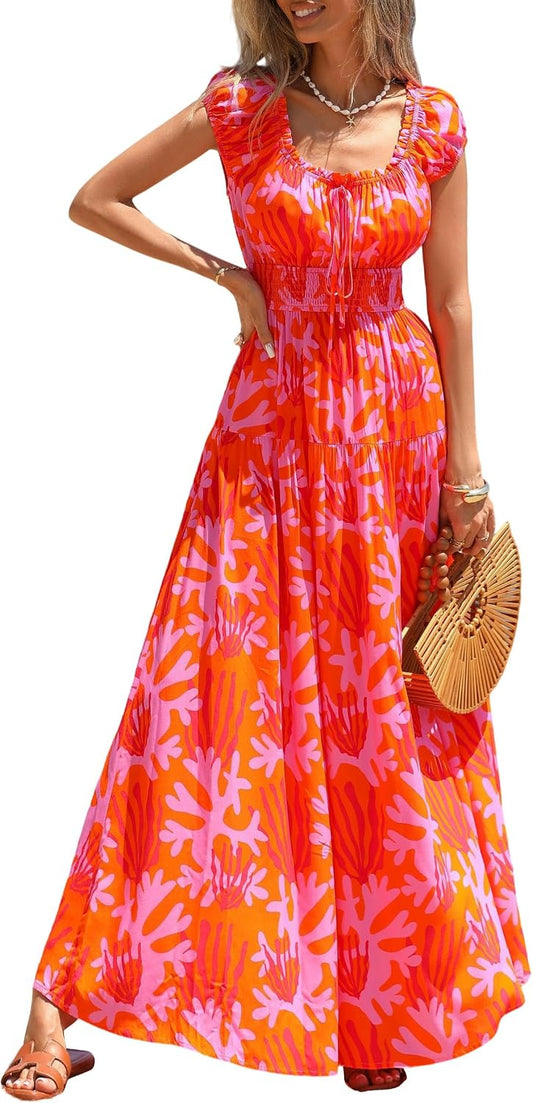 PRETTYGARDEN Women Boho Floral Maxi Sun Dress | Flowy A Line, Smocked Waist, Square Neck, Pockets, Spring Summer Elegant Outfits for Wedding, Beach Vacation, Resort Wear