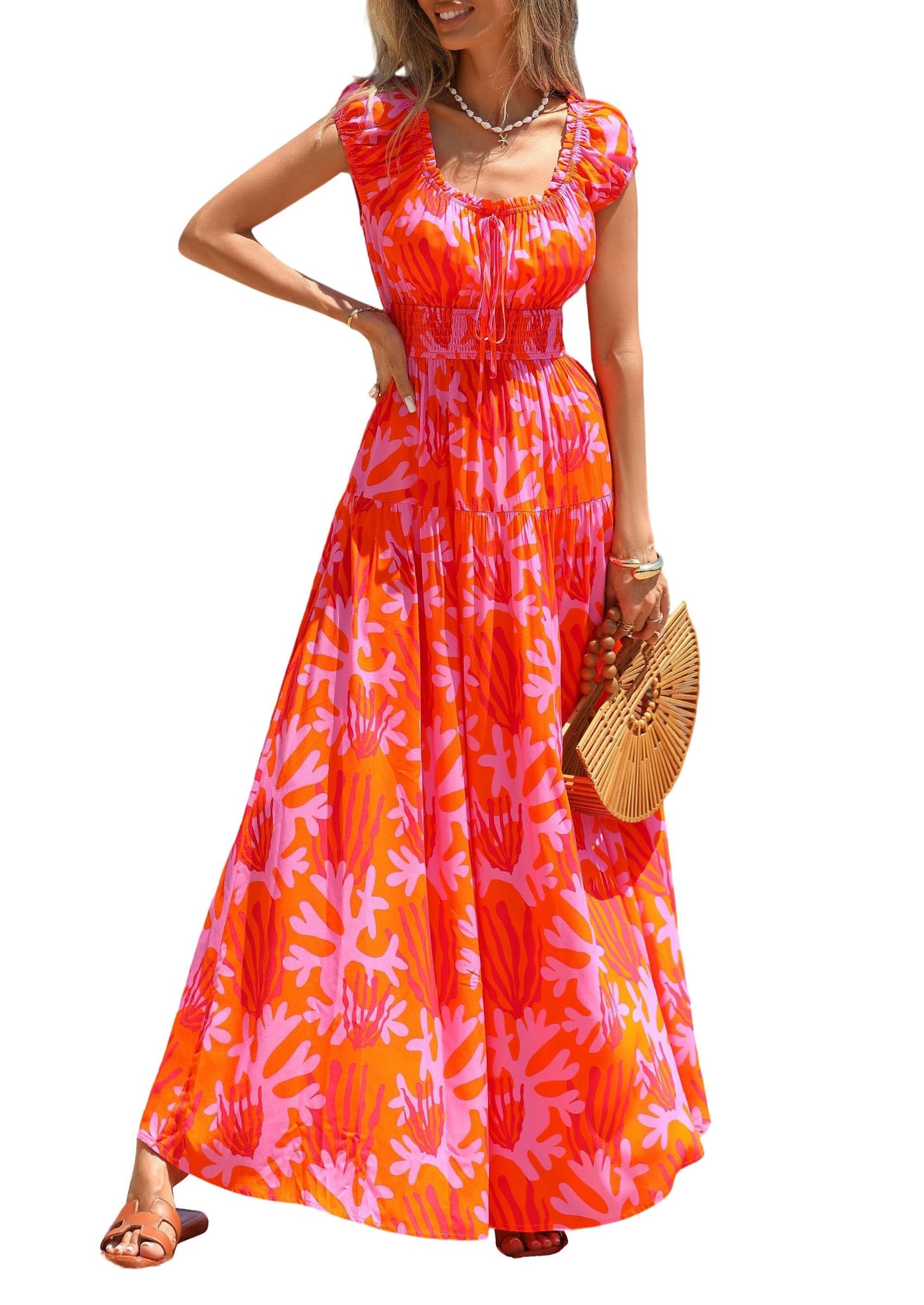PRETTYGARDEN Women Boho Floral Maxi Sun Dress | Flowy A Line, Smocked Waist, Square Neck, Pockets, Spring Summer Elegant Outfits for Wedding, Beach Vacation, Resort Wear