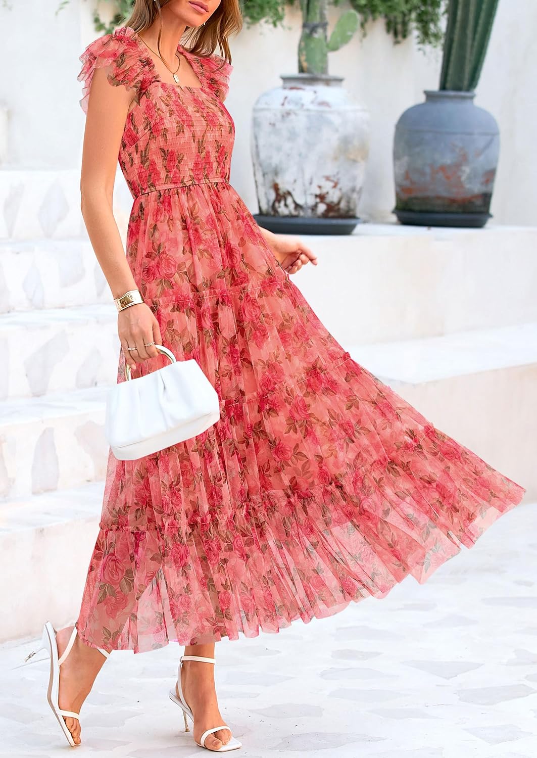 PRETTYGARDEN Women's Summer Smocked Midi Tulle Dress | Sleeveless Square Neck A Line, Flowy Tiered Mesh, Spring Semi Formal Wedding Guest Outfits, Homecoming Prom Party Dresses