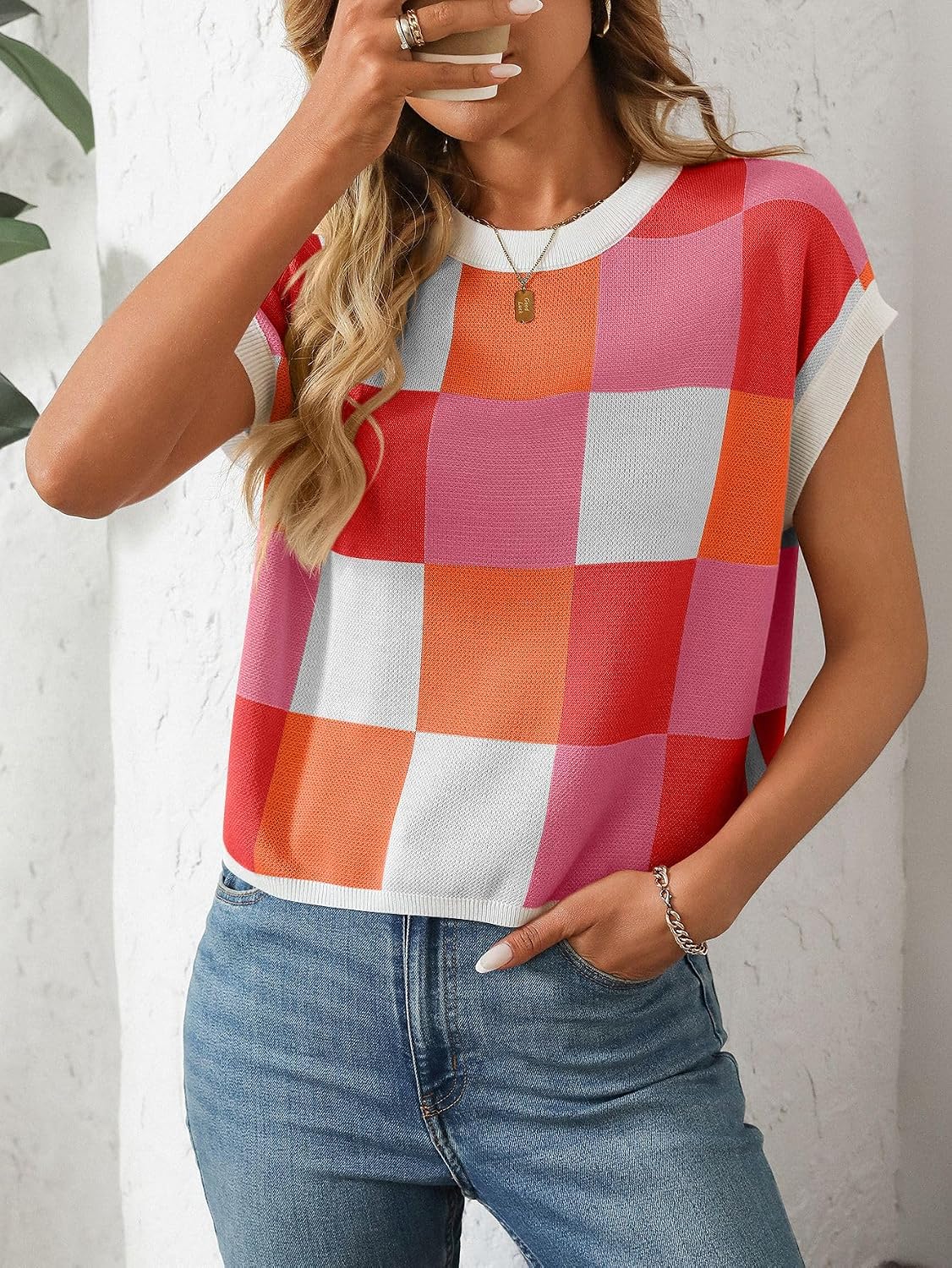 Checkered Tops for Women Cap Short Sleeve Pullover Sweater Color Block Knitted Plaid Shirt
