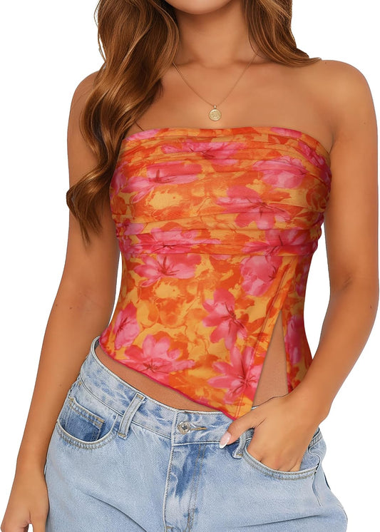 Womens Tube Top Strapless Mesh Asymmetrical Hem Crop Tops Summer Bandeau | Cute summer tops, Basic short shirts, Going out top, Y2k style, Vacation outfits