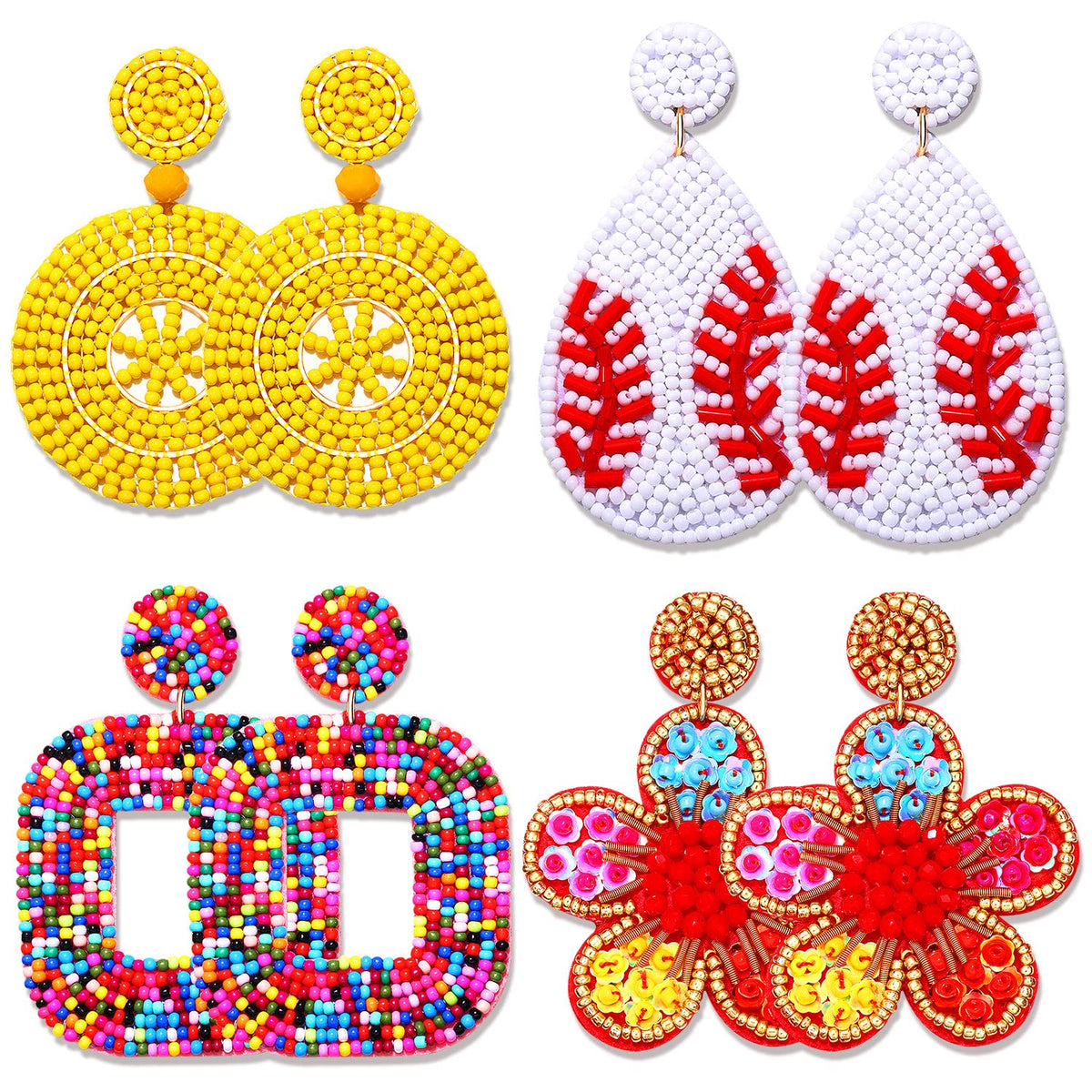 4 Pairs Beaded Earrings for Women Boho Geometric Beaded Dangle Earrings Statement Pineapple Flower Drop Earrings Colorful Summer Earrings Set Jewelry Gift
