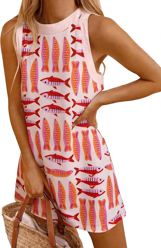 LOVESHOOT Womens Tank Dresses Summer Casual Mini Sleeveless Crew Neck Novelty Floral Printed Sundress Loose A Line Dress