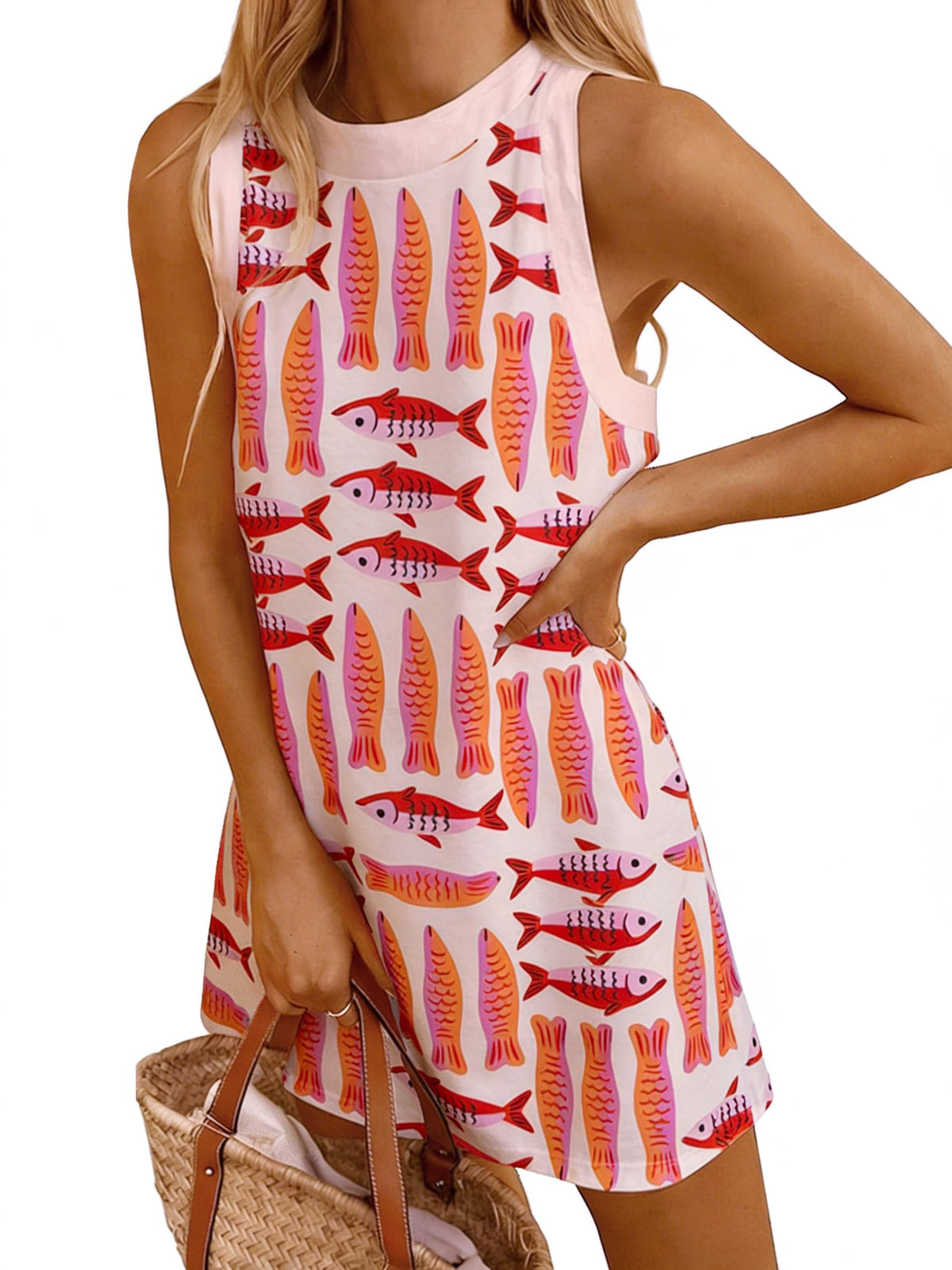 LOVESHOOT Womens Tank Dresses Summer Casual Mini Sleeveless Crew Neck Novelty Floral Printed Sundress Loose A Line Dress