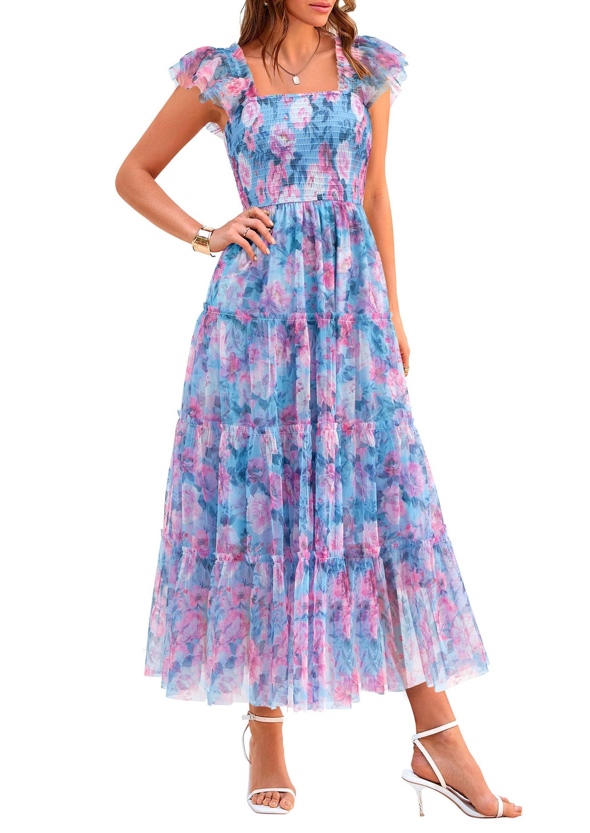 PRETTYGARDEN Women's Summer Smocked Midi Tulle Dress | Sleeveless Square Neck A Line, Flowy Tiered Mesh, Spring Semi Formal Wedding Guest Outfits, Homecoming Prom Party Dresses