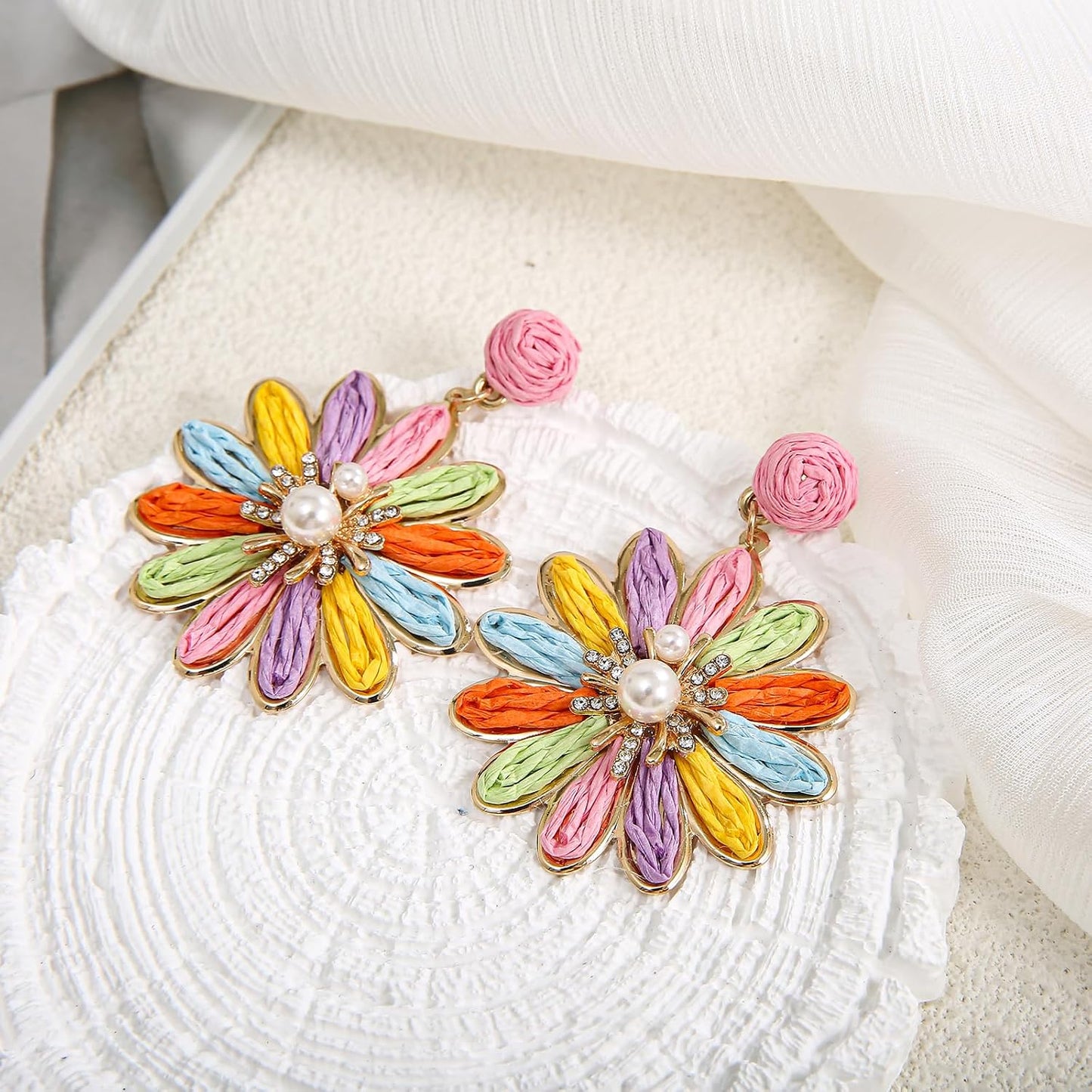 RUOFFETA Boho Raffia Flower Earrings for Women – Lightweight Dangle Jewelry, Summer Beach Vacation Accessories